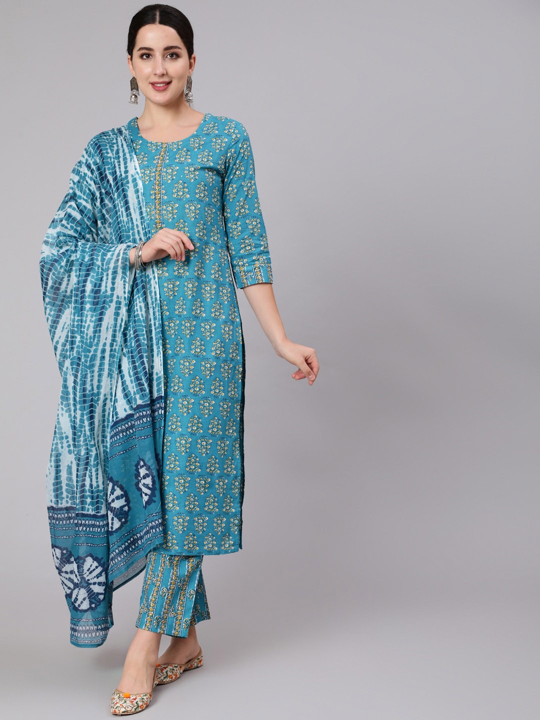 

AADAT Ethnic Motifs Printed Regular Pure Cotton Kurta With Trousers & Dupatta, Blue