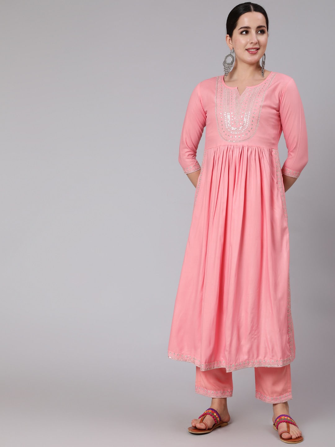 

AADAT Ethnic Motifs Yoke Design Pleated Sequinned Kurta With Trousers, Pink