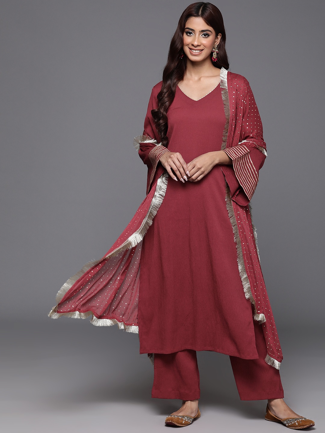 

Varanga Gotta Patti Silk Crepe Kurta with Trousers & Dupatta, Maroon