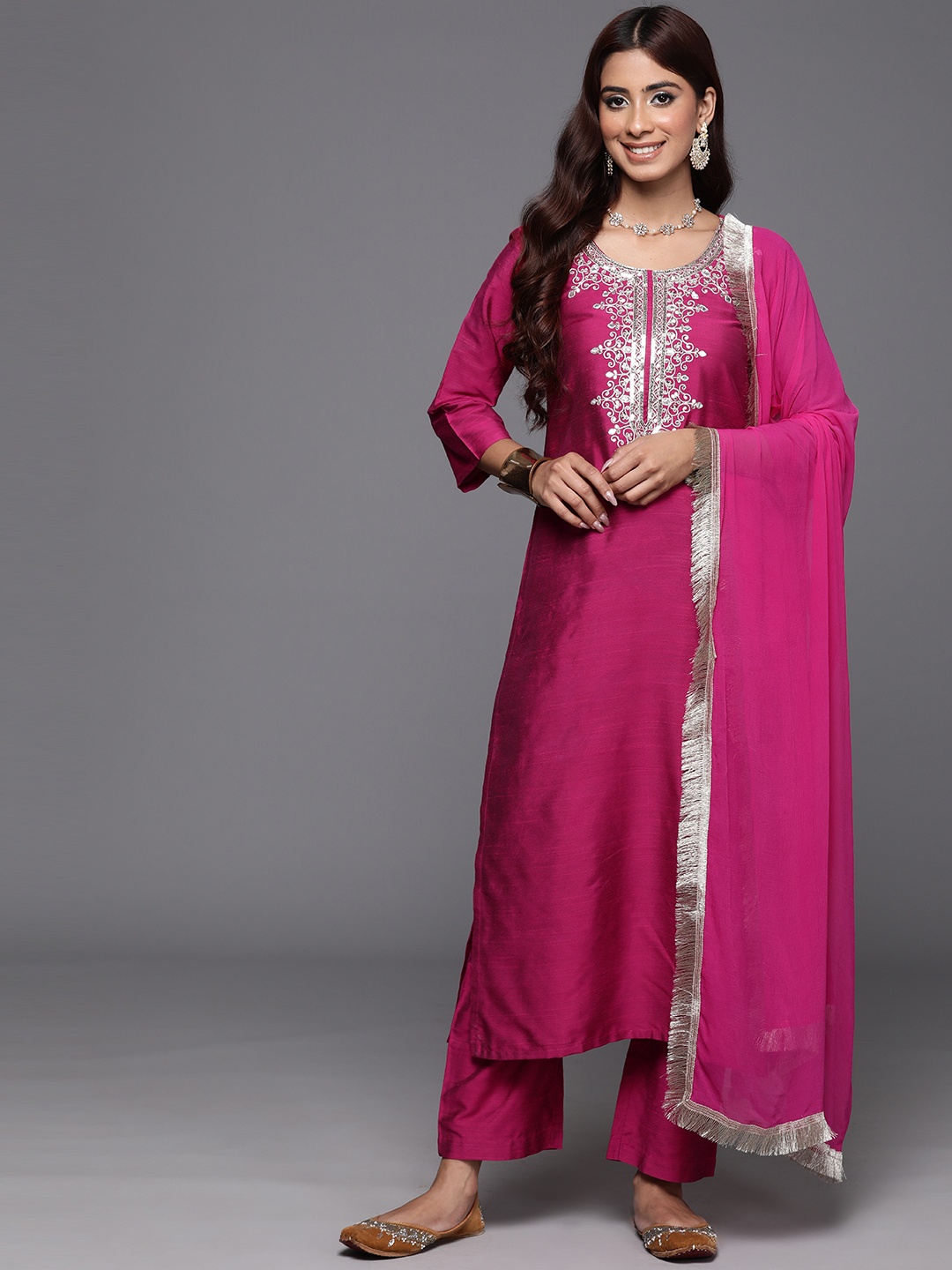 

Varanga Ethnic Motifs Zari Embroidered Kurta with Trousers & Dupatta, Magenta