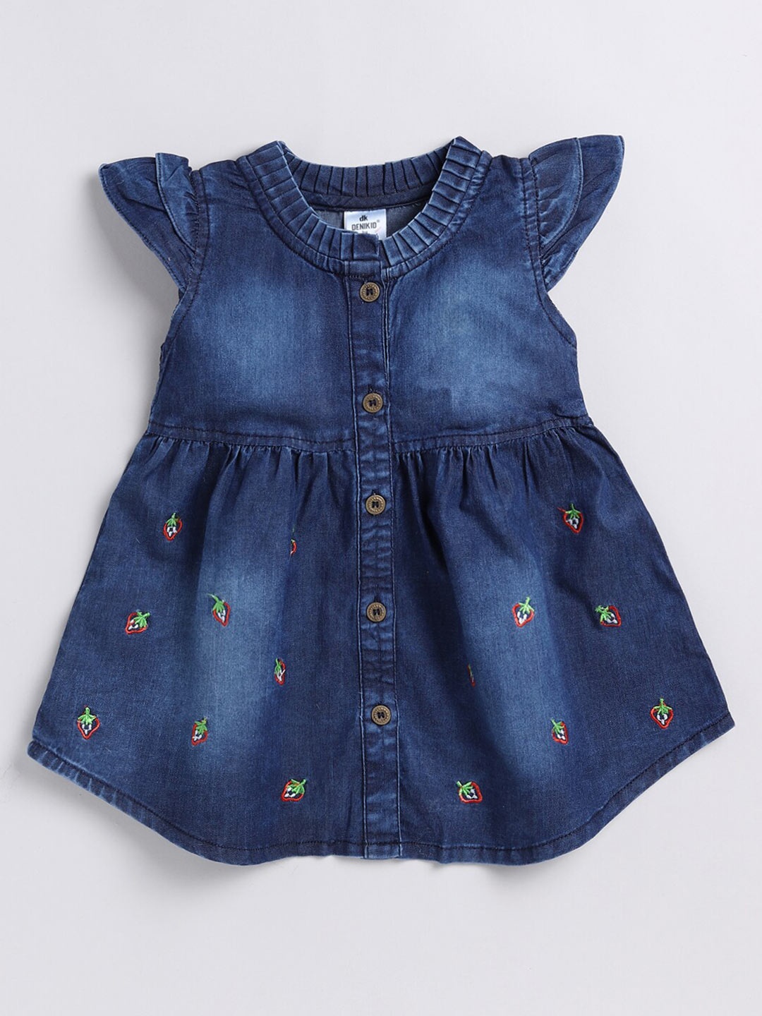 

DENIKID Girls Embroidered Round Neck Cotton Fit & Flare Dress, Blue
