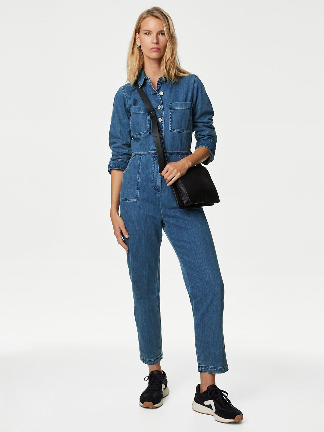 

Marks & Spencer Pure Cotton Button Front Long Sleeve Jumpsuit, Blue
