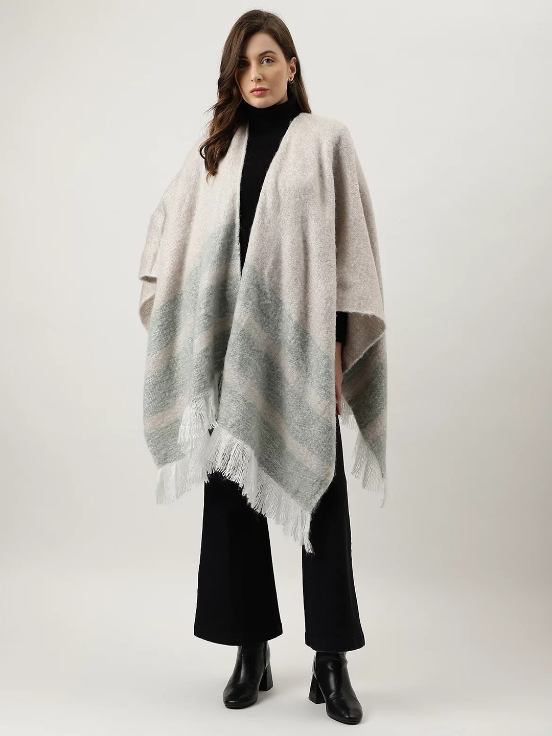 

Marks & Spencer Striped Acrylic Longline Poncho Sweater, Grey