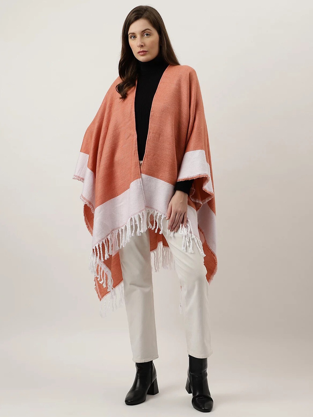 

Marks & Spencer Colourblocked Acrylic Longline Poncho Sweater, Orange