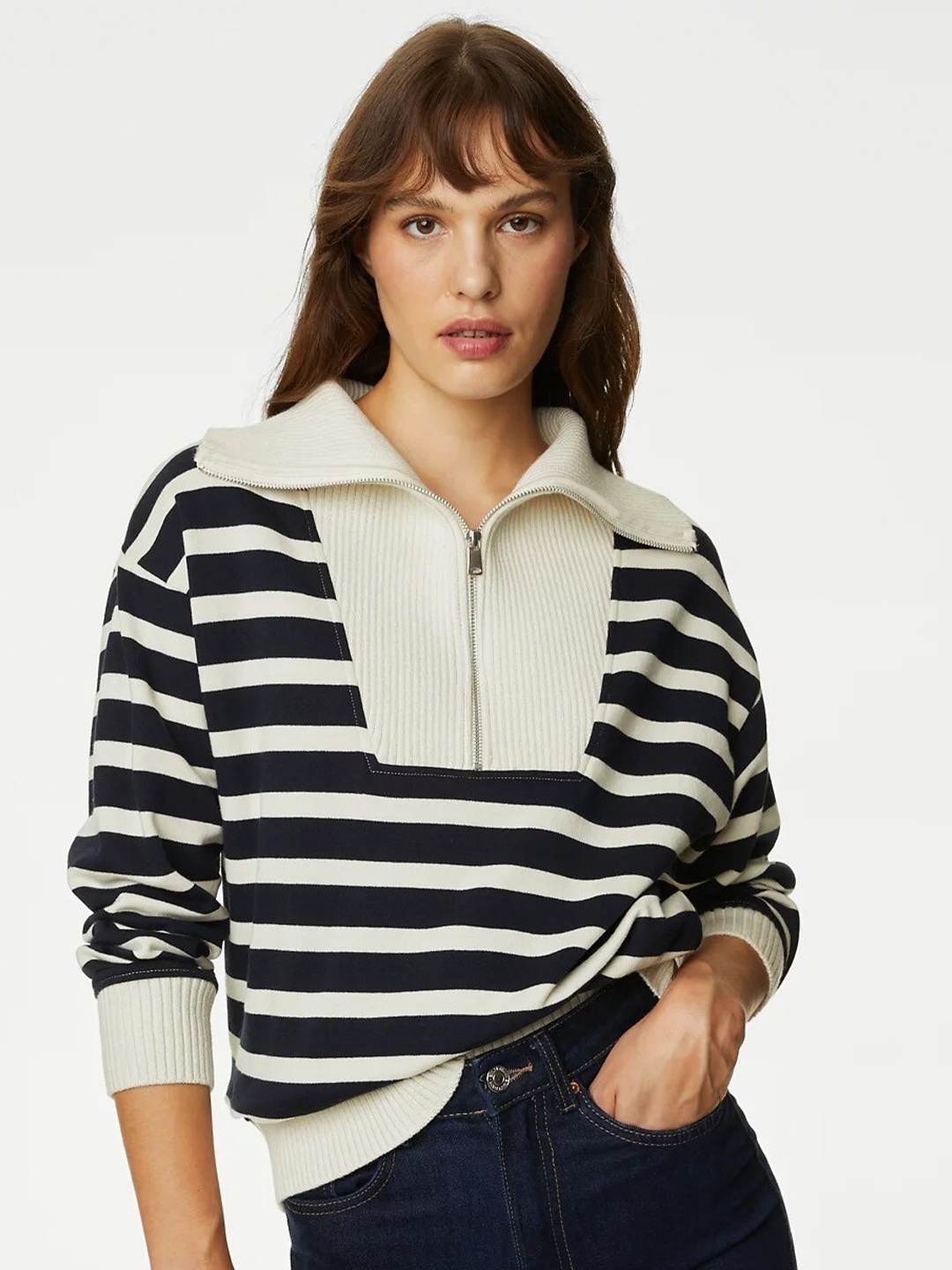 

Marks & Spencer Striped Spread Collar Long Sleeves Pullover Sweatshirt, Navy blue