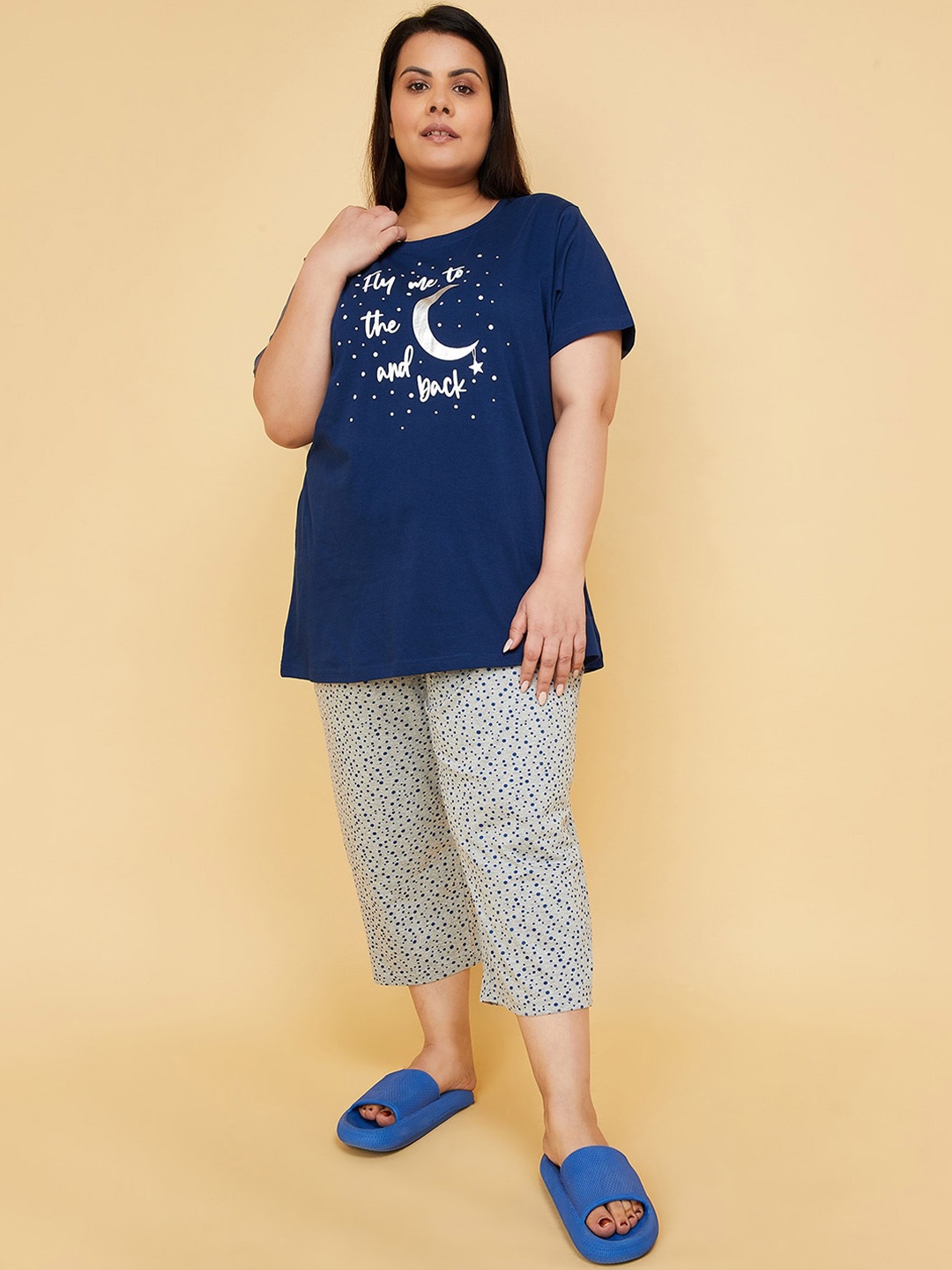 

max Typography Printed Pure Cotton Night Suit, Navy blue