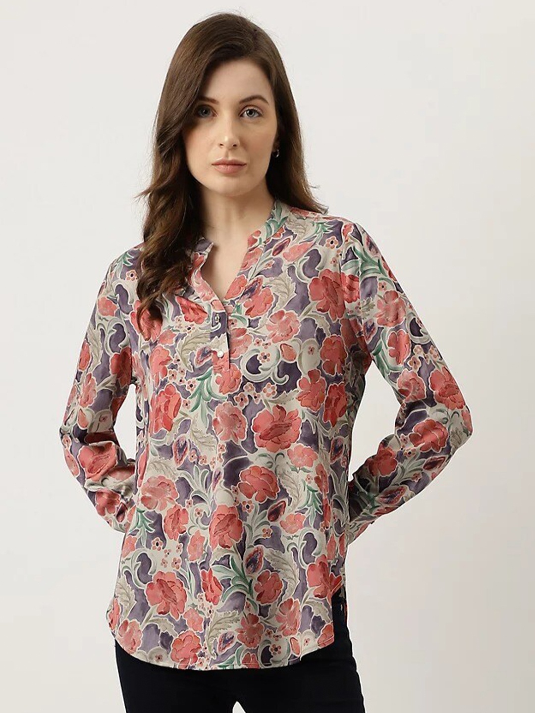 

Marks & Spencer Floral Printed Mandarin Collar Top, Peach