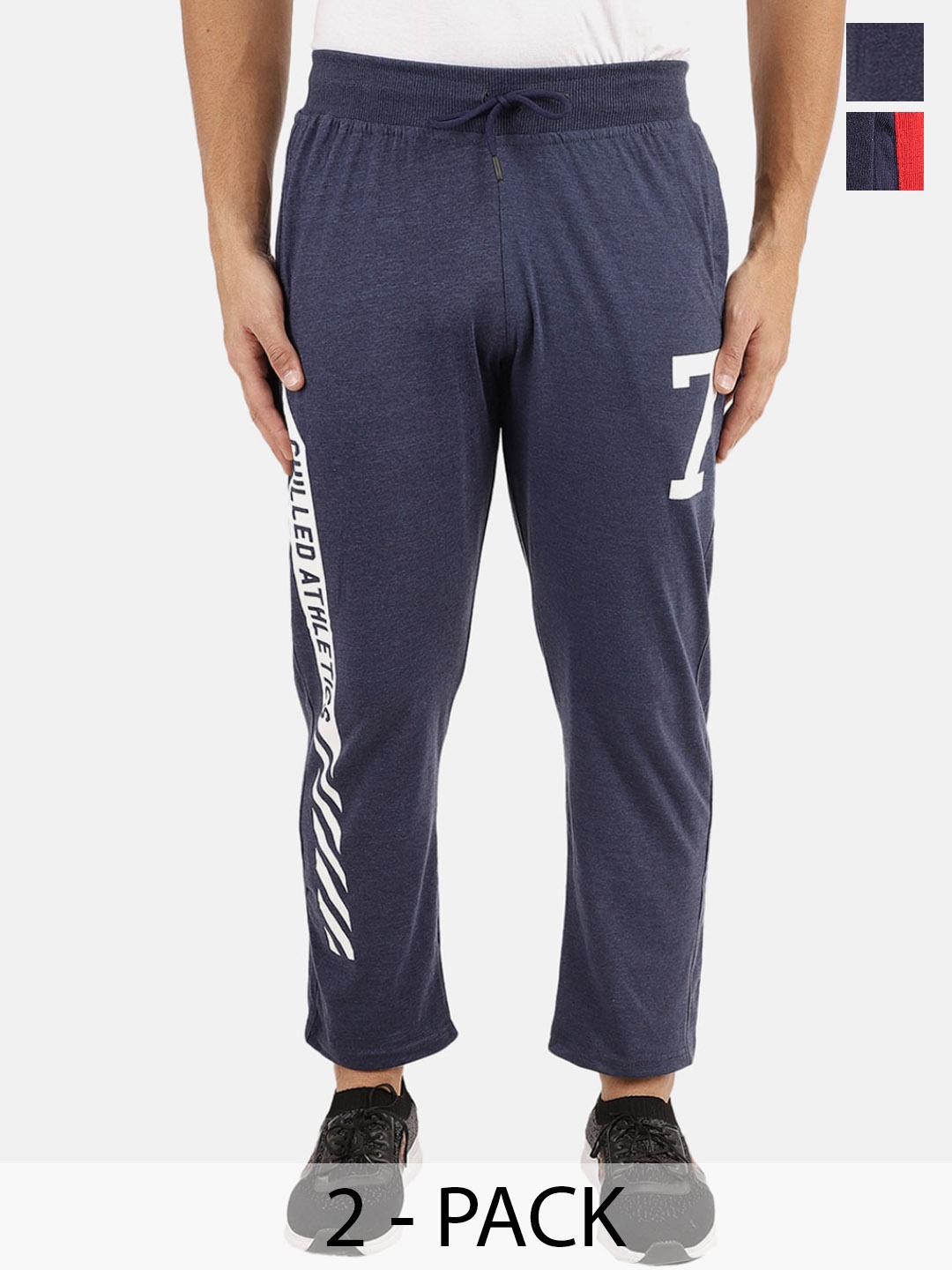 

V-Mart Men Pack Of 2 Typography Printed Cotton Track Pants, Navy blue