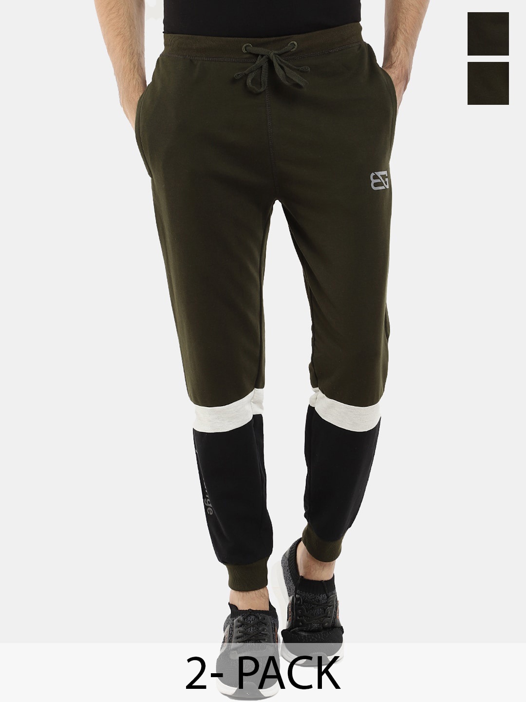 

V-Mart Men Pack Of 2 Colourblocked Cotton Joggers, Olive