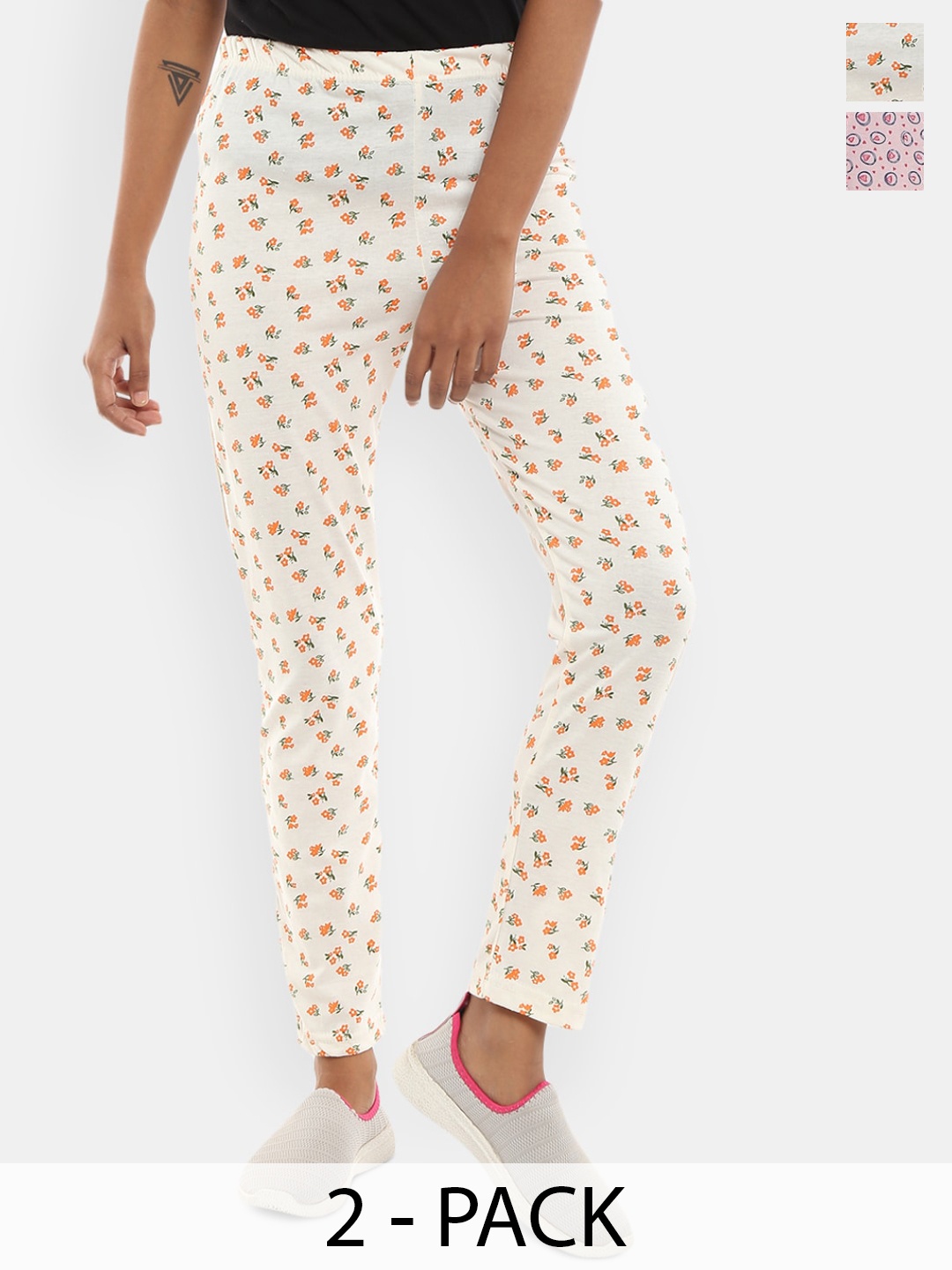 

V-Mart Women Pack Of 2 Printed Cotton Track Pants, White