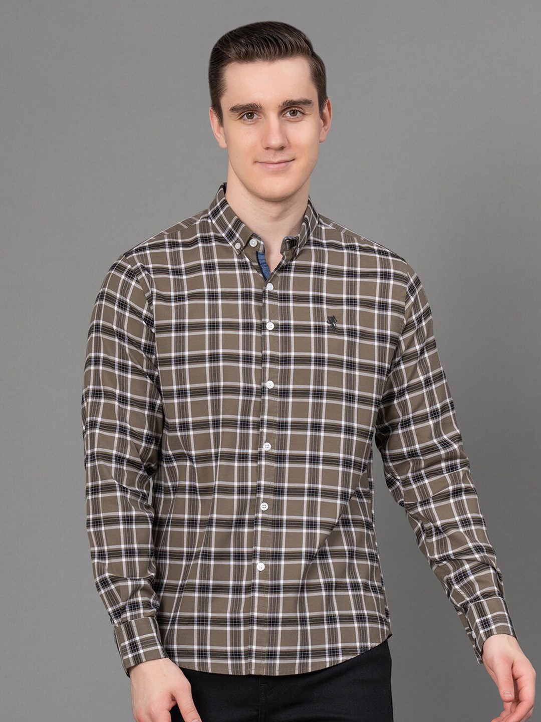 

Red Tape Tartan Checked Button-Down Collar Casual Shirt, Olive