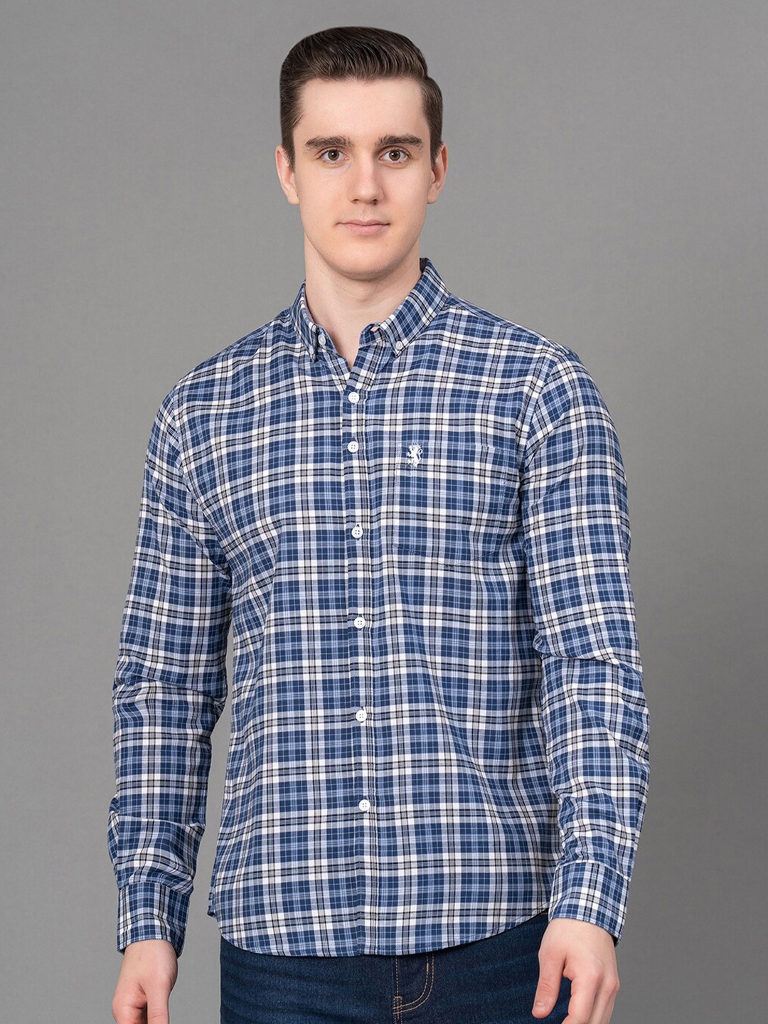 

Red Tape Tartan Checked Button-Down Collar Casual Shirt, Blue