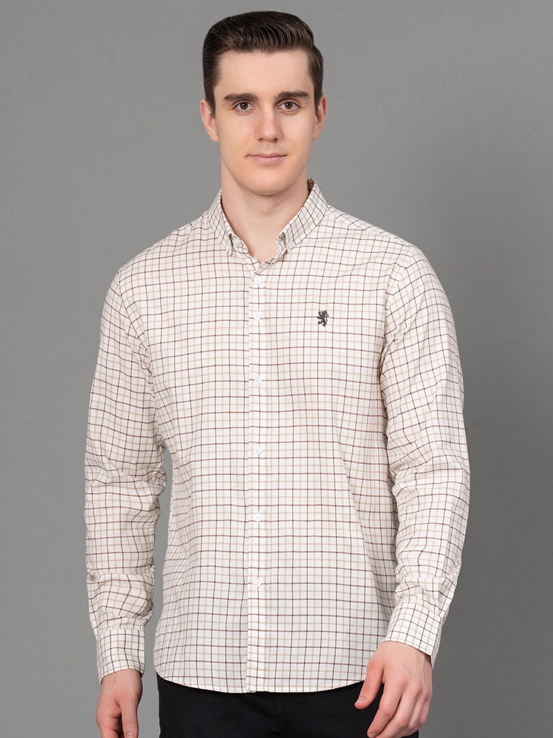 

Red Tape Grid Tattersall Checked Button-Down Collar Casual Shirt, Beige
