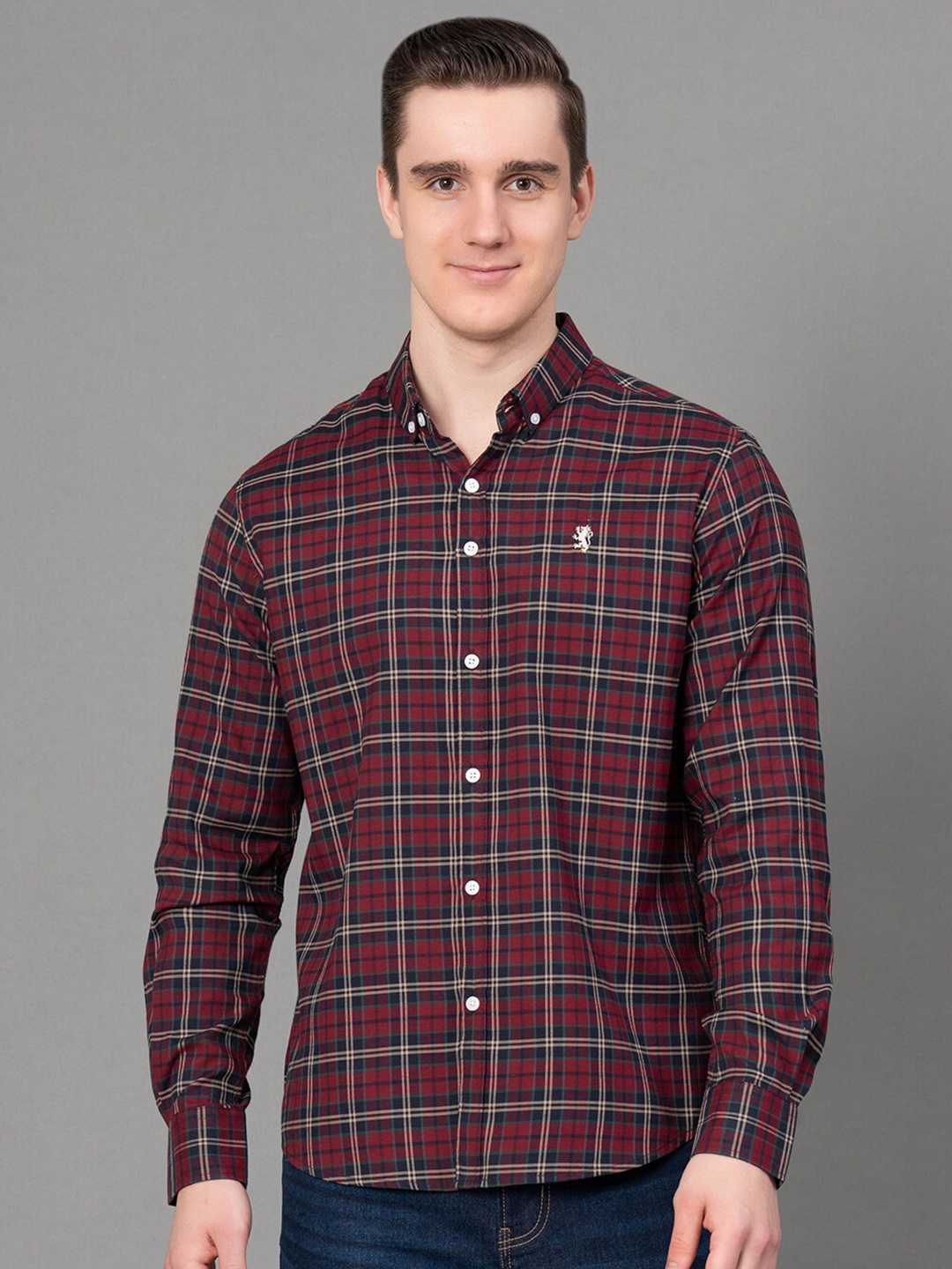 

Red Tape Tartan Checked Button-Down Collar Casual Shirt, Maroon