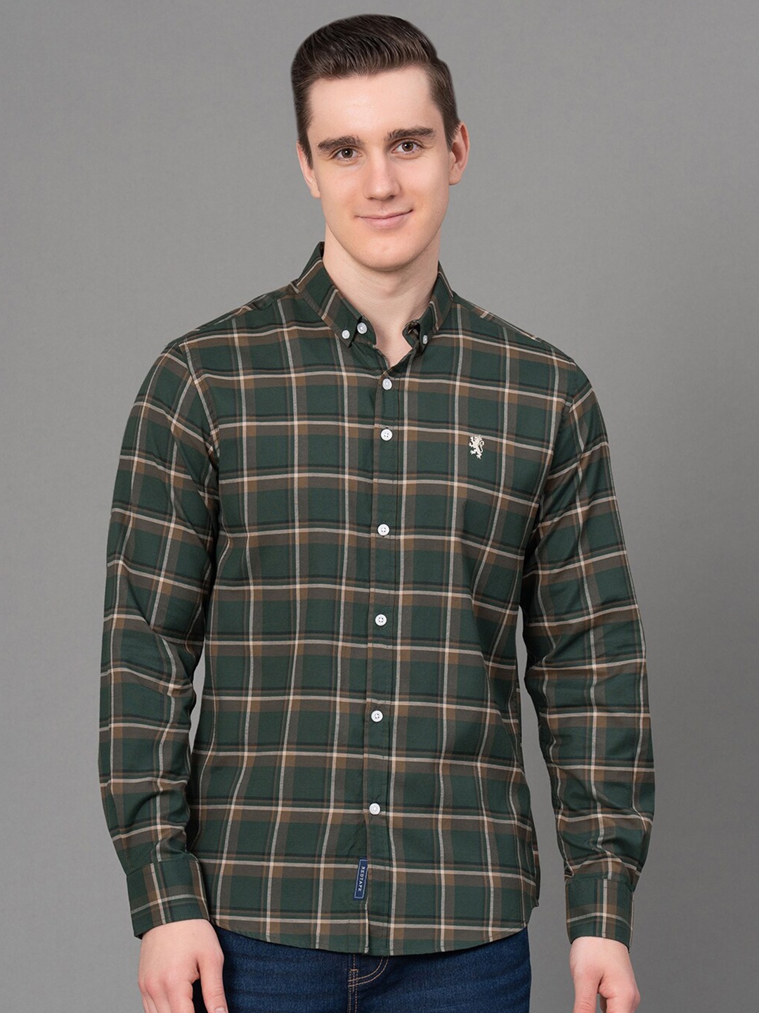 

Red Tape Tartan Checked Button-Down Collar Casual Shirt, Green