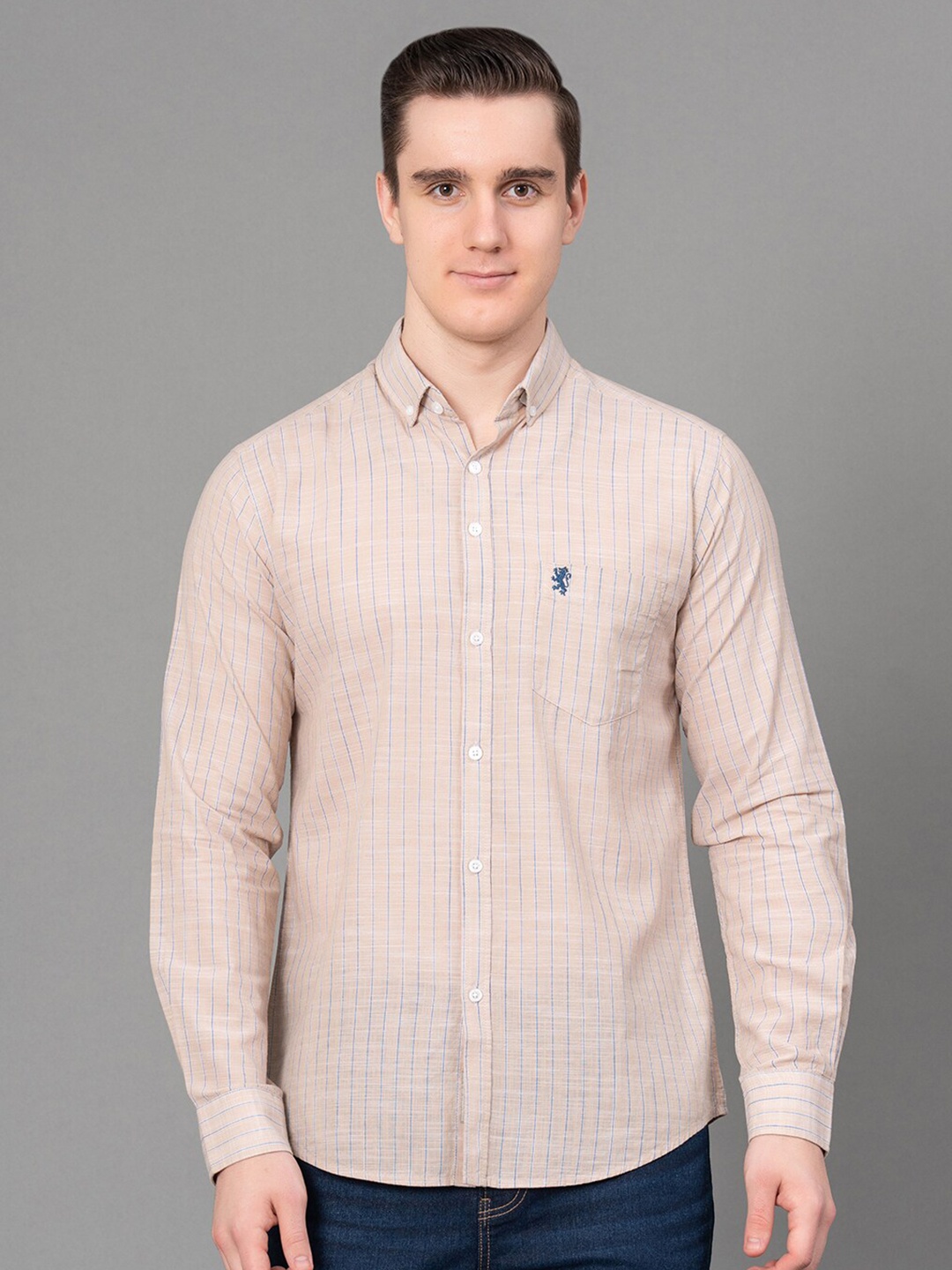 

Red Tape Vertical Stripes Button-Down Collar Cotton Casual Shirt, Beige