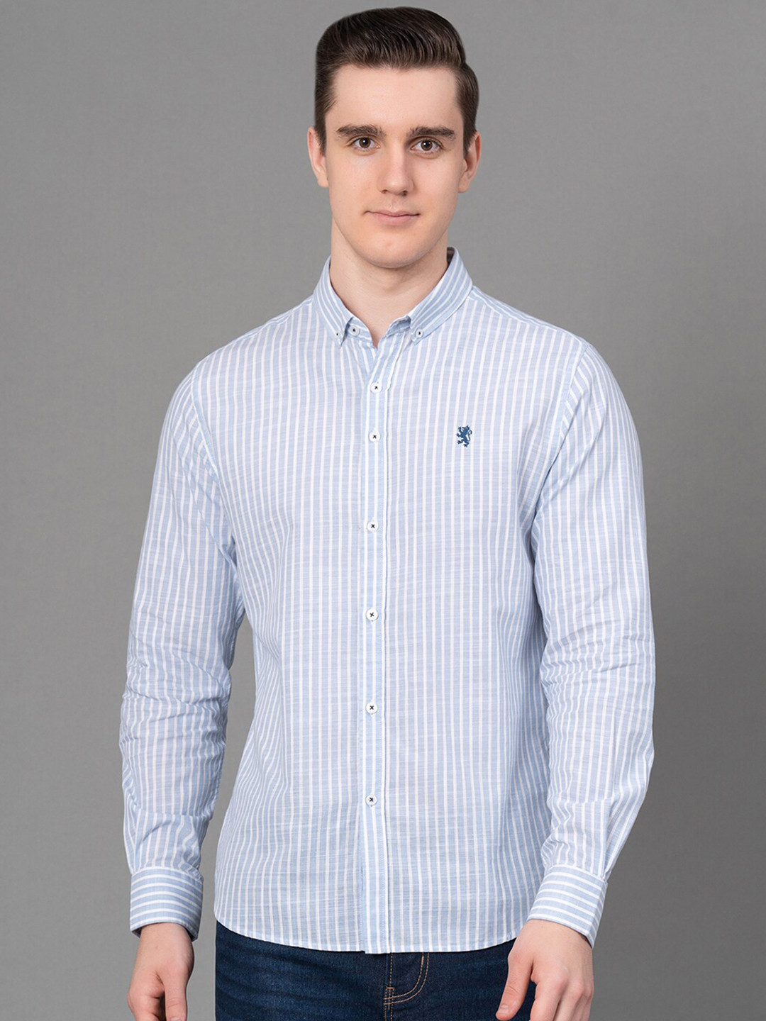 

Red Tape Vertical Striped Button-Down Collar Cotton Casual Shirt, Blue