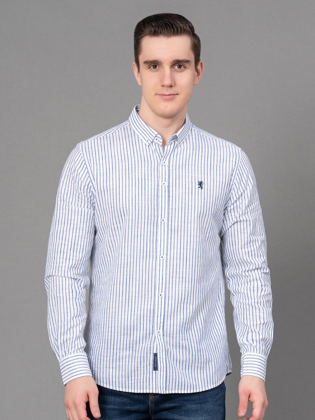 

Red Tape Vertical Striped Button-Down Collar Cotton Casual Shirt, White