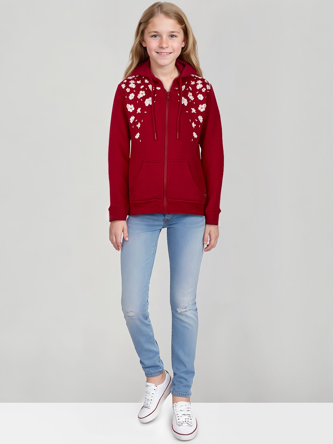 

Gini and Jony Girls Floral Printed Hooded Front Open Sweatshirt, Red