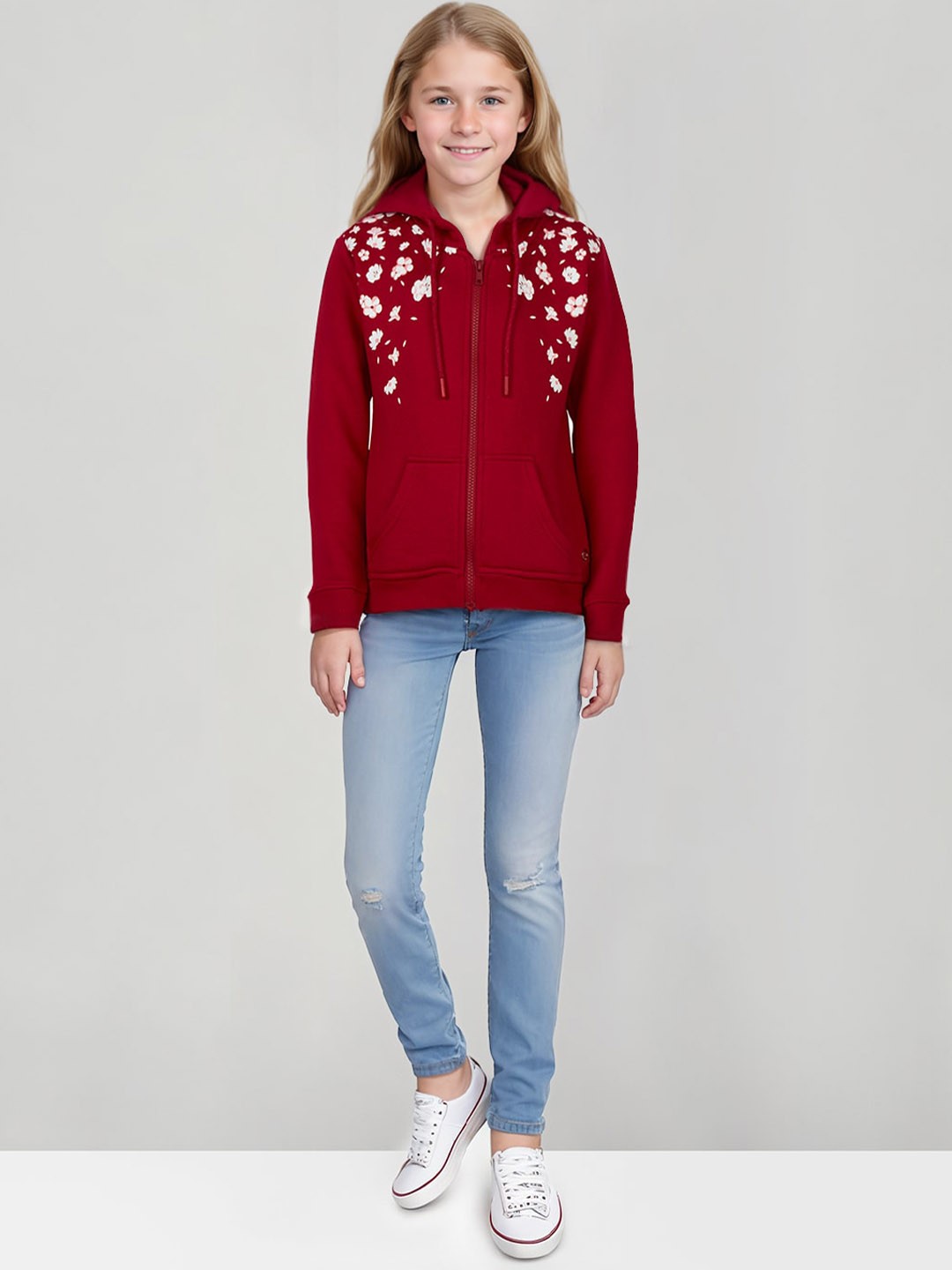 

Gini and Jony Girls Floral Printed Hooded Cotton Front-Open Sweatshirt, Red