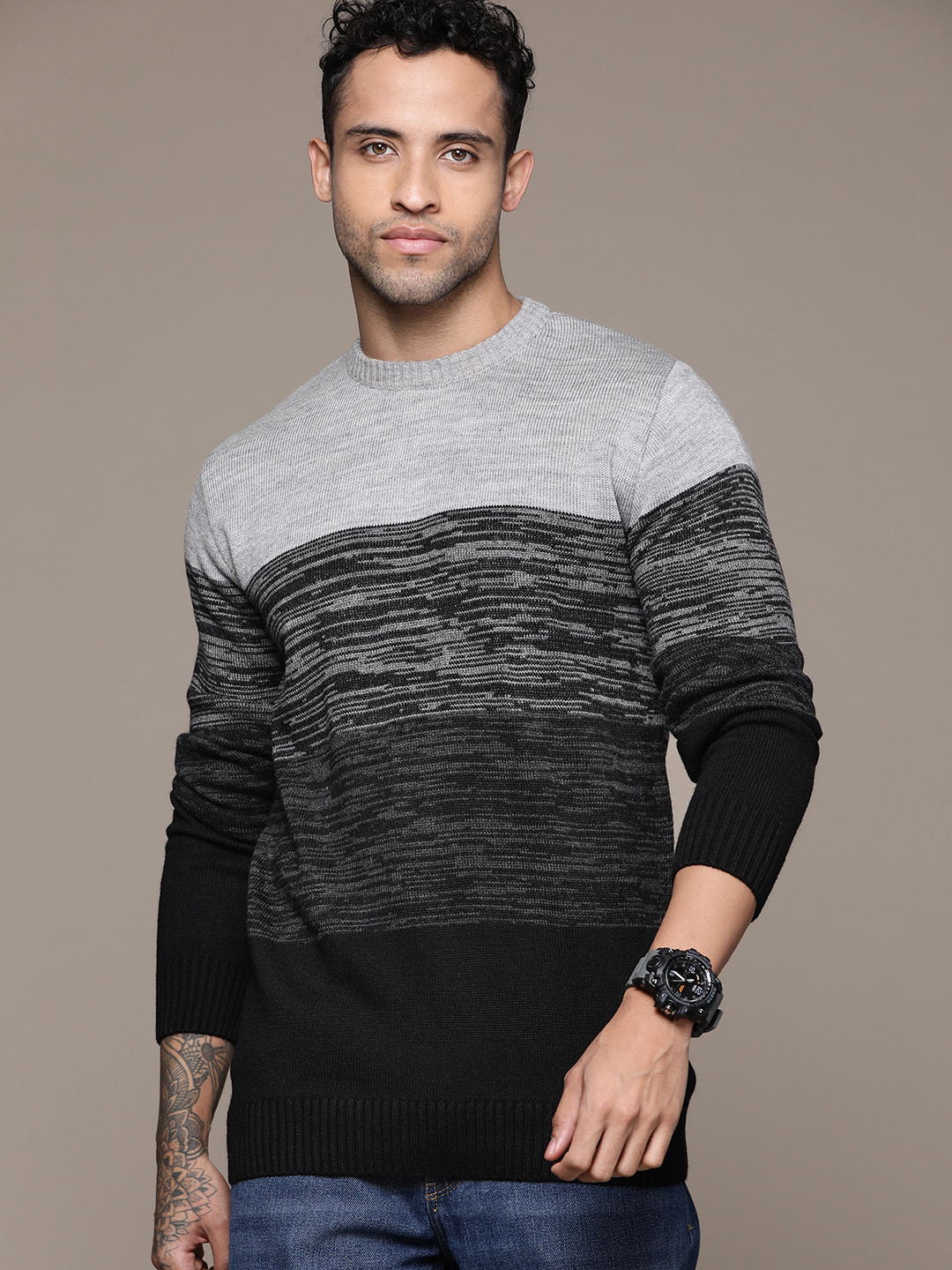 

Roadster Men Colourblocked Acrylic Pullover, Grey melange