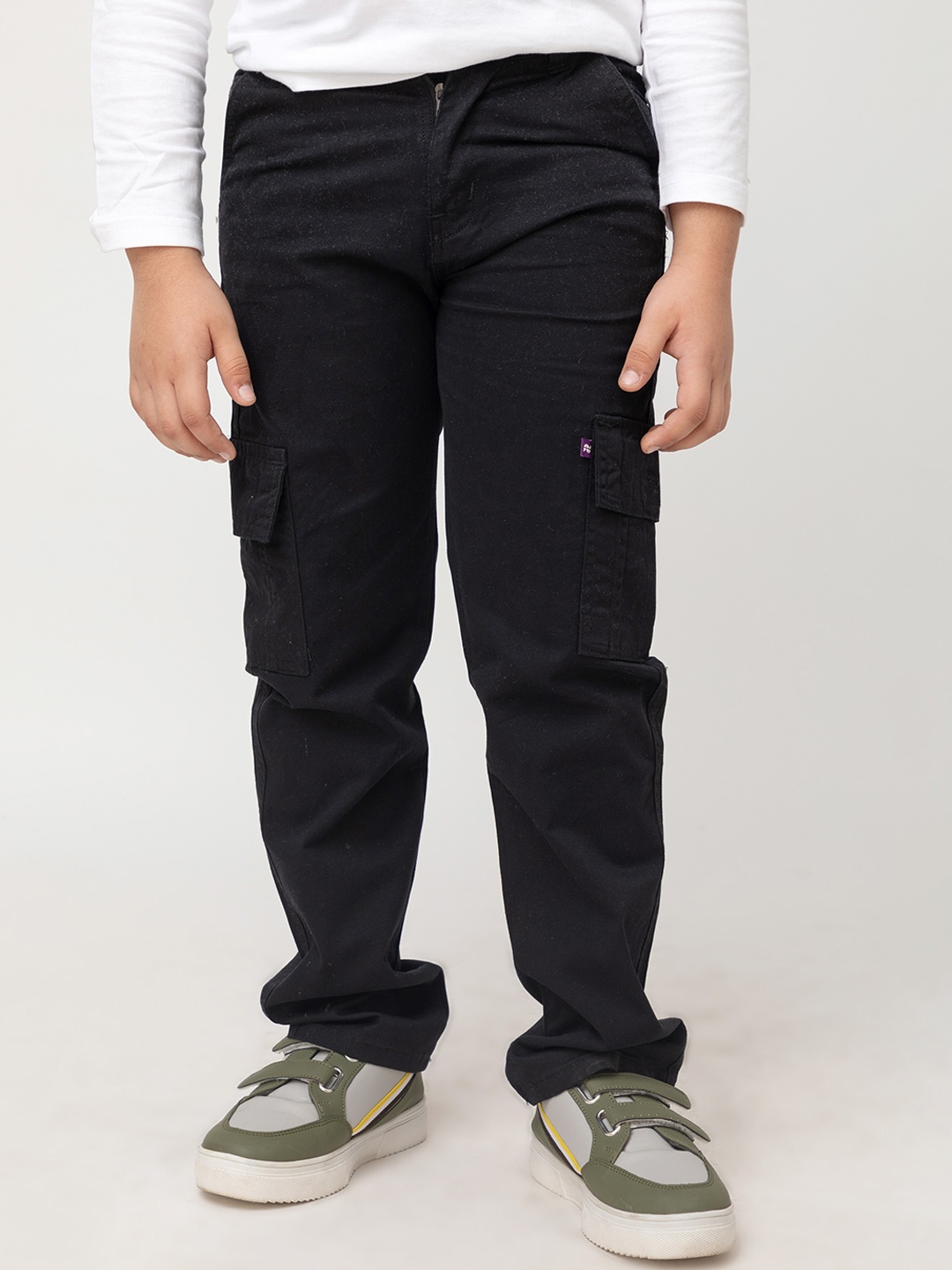 

Purple United Kids Boys Mid Rise Cotton Cargo Trousers, Black