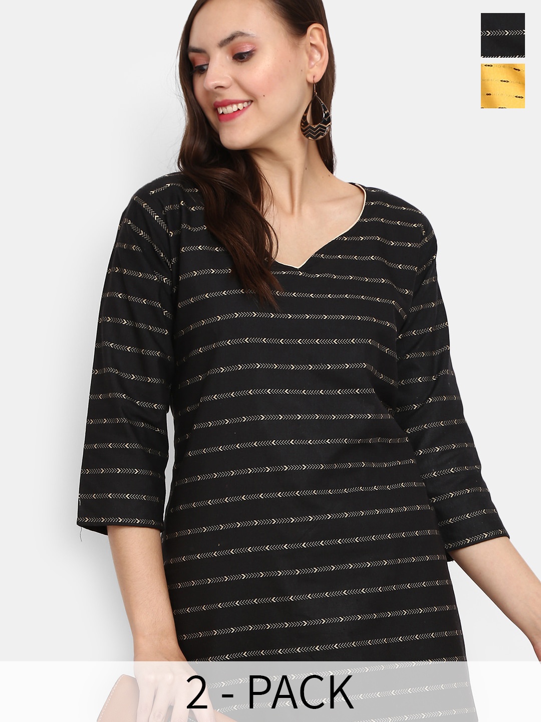 

V-Mart Pack Of 2 Striped Straight Cotton Kurta, Black
