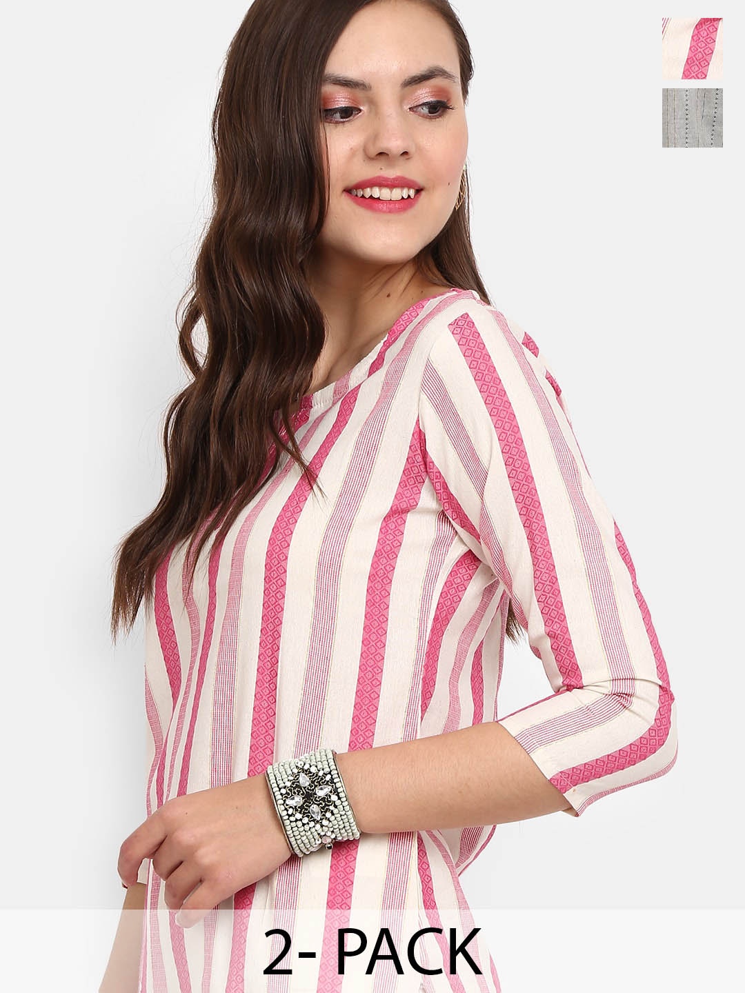 

V-Mart Selection Of 2 Striped Cotton Kurta, Magenta
