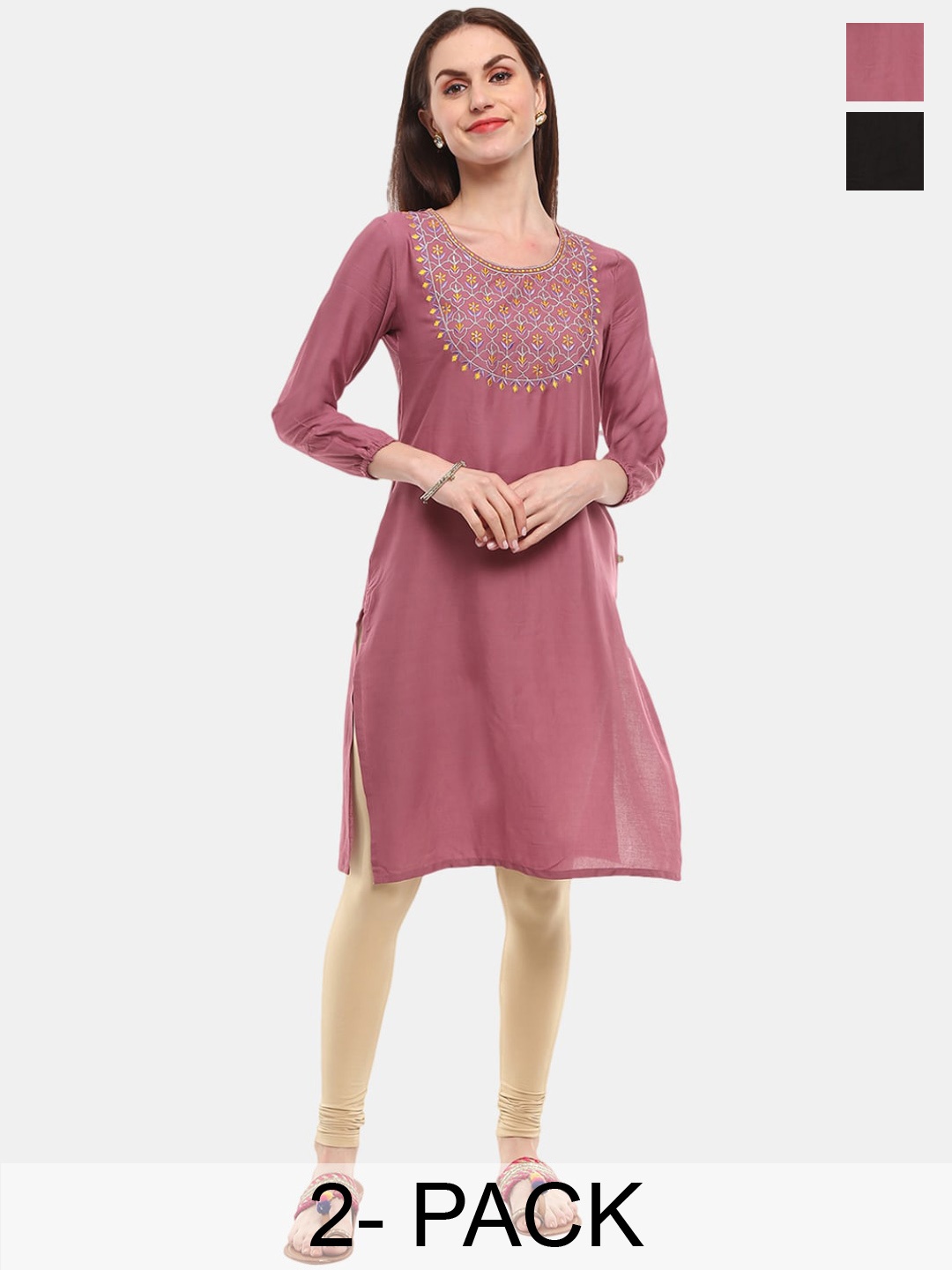 

V-Mart Selection Of 2 Floral Yoke Design Straight Kurtas, Mauve