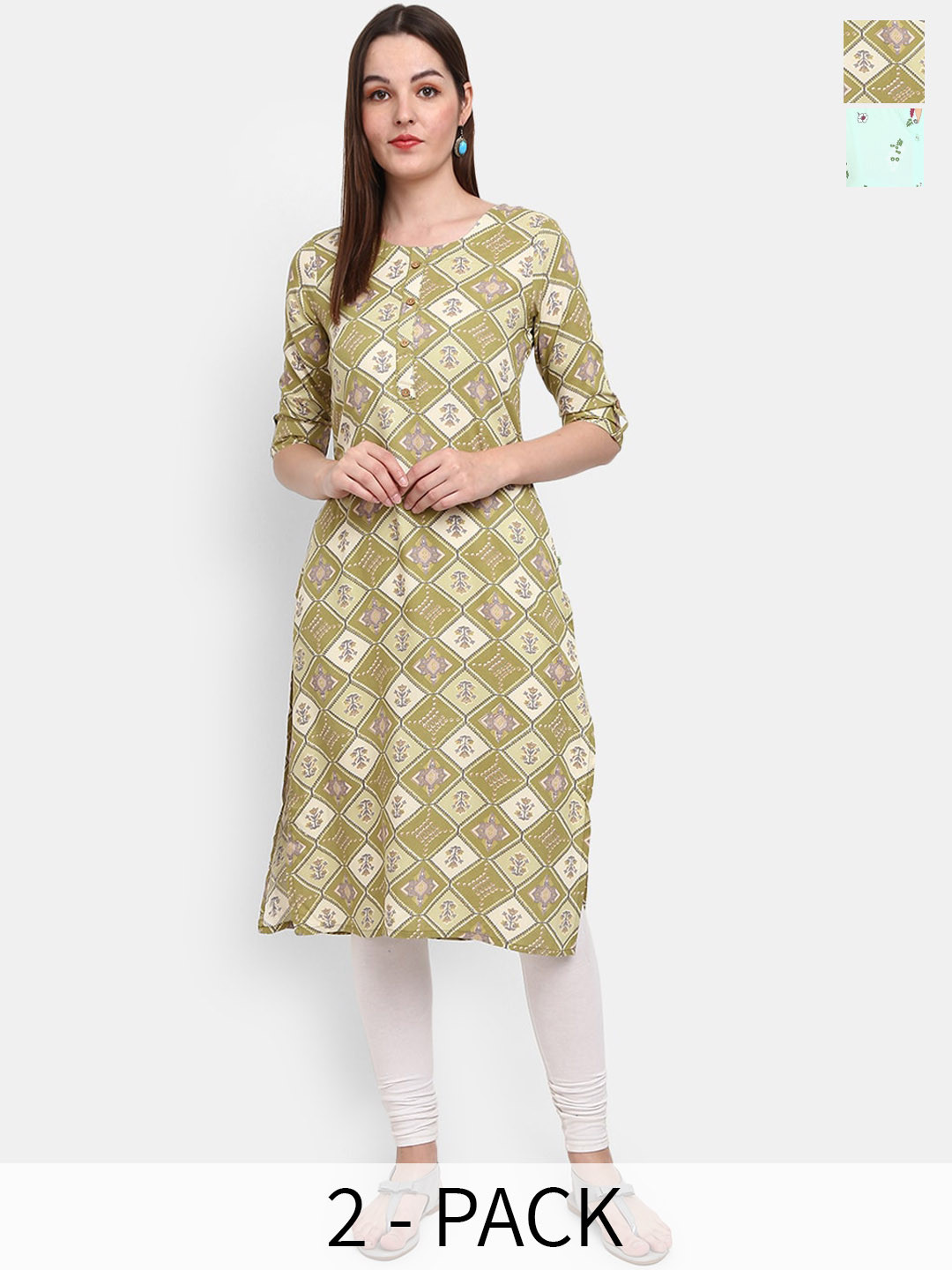 

V-Mart Selection Of 2 Geometric Printed Straight Kurtas, Green