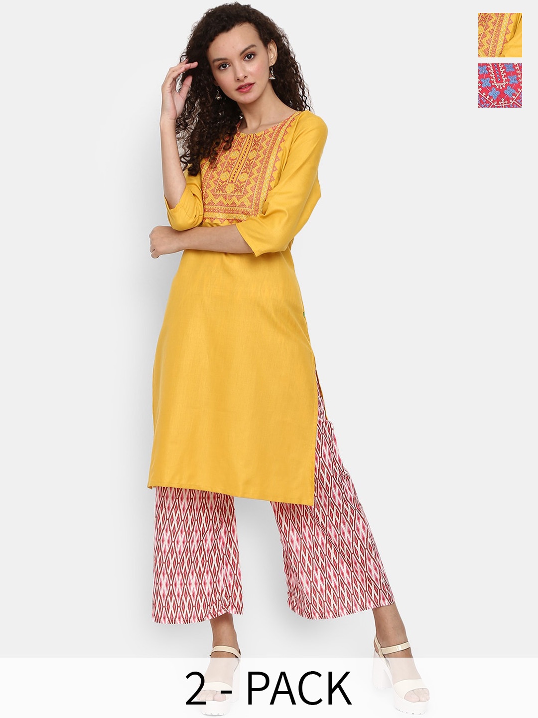 

V-Mart Pack Of 2 Floral Yoke Design Thread Work Cotton Straight Kurtas, Coral