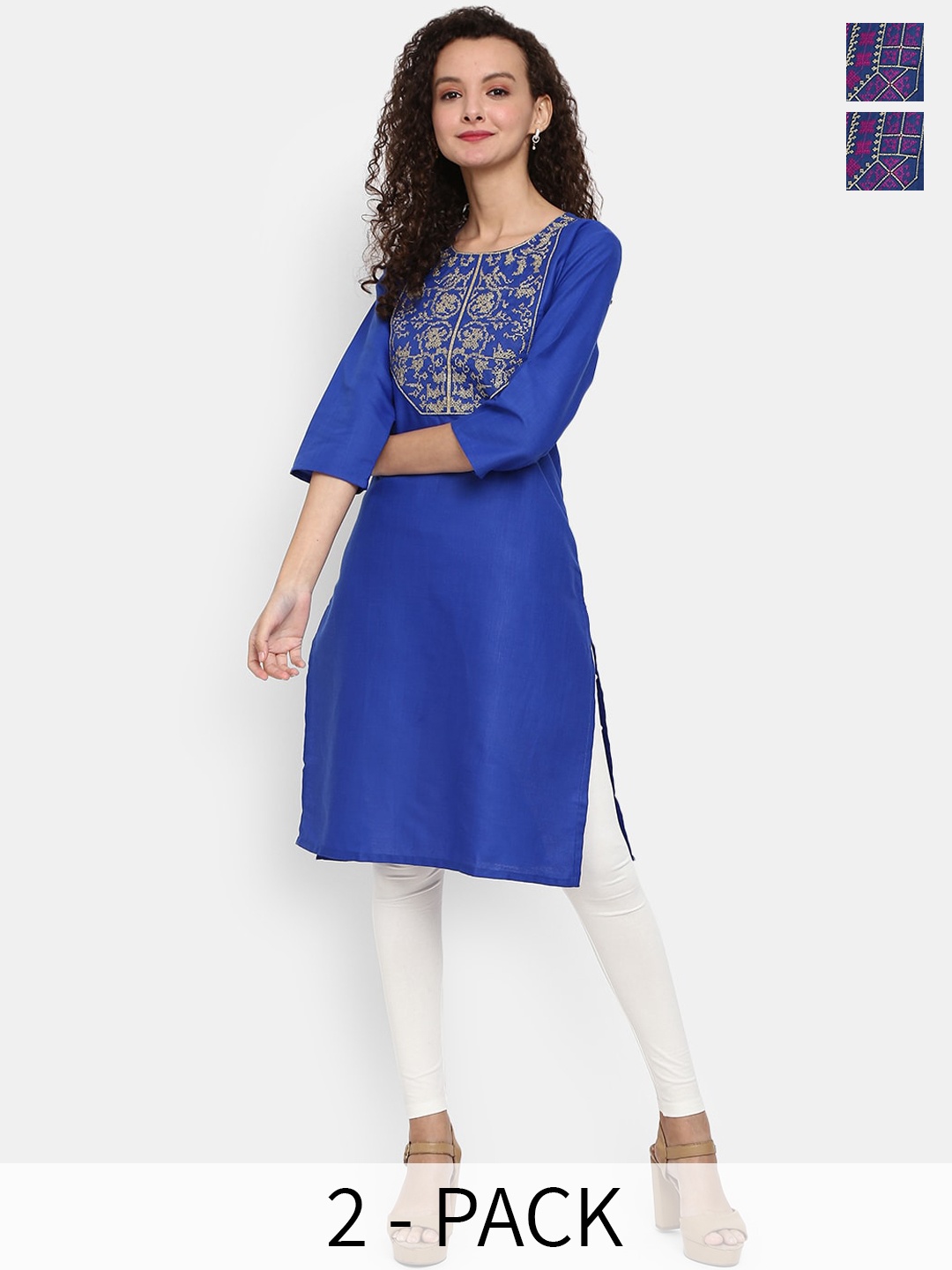 

V-Mart Ethnic Motifs Embroidered Straight Cotton Kurta, Navy blue