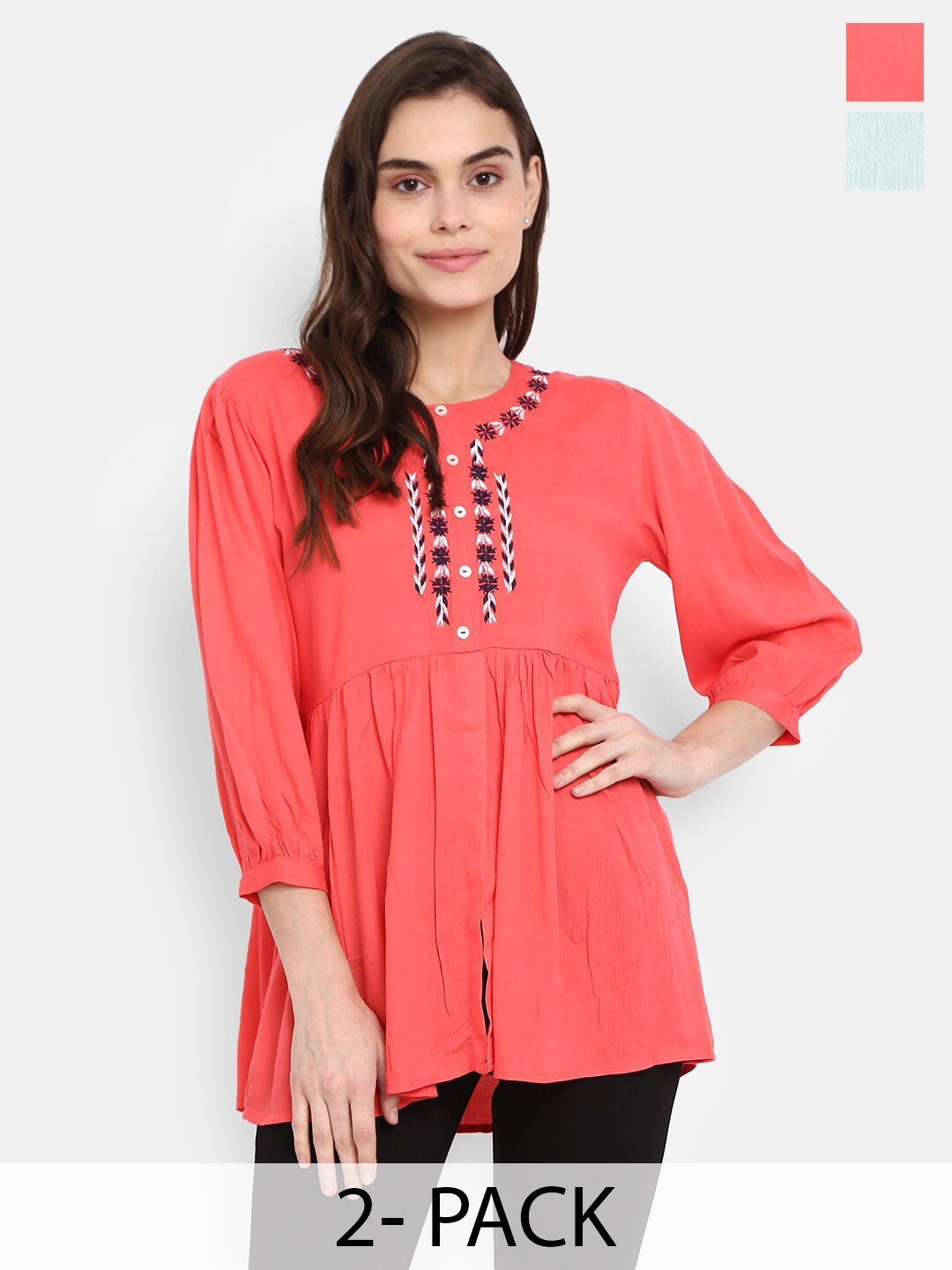 

V-Mart Pack Of 2 Geometric Yoke Embroidered A-Line Kurti, Green