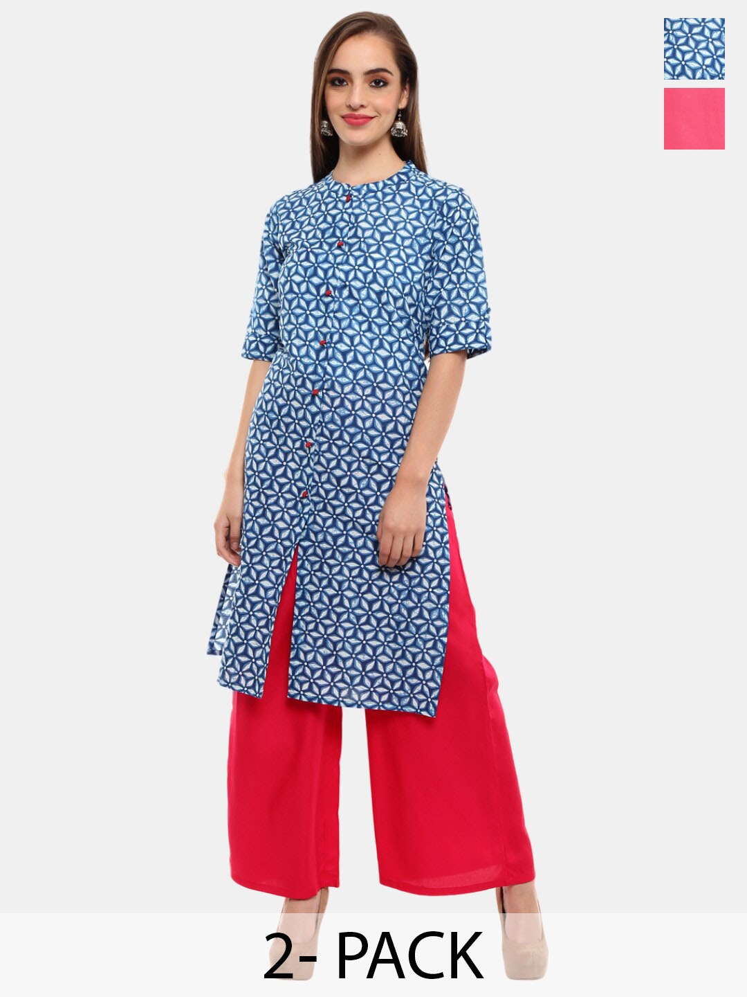 

V-Mart Selection Of 2 Printed Thread Work Cotton Straight Kurta, Fuchsia