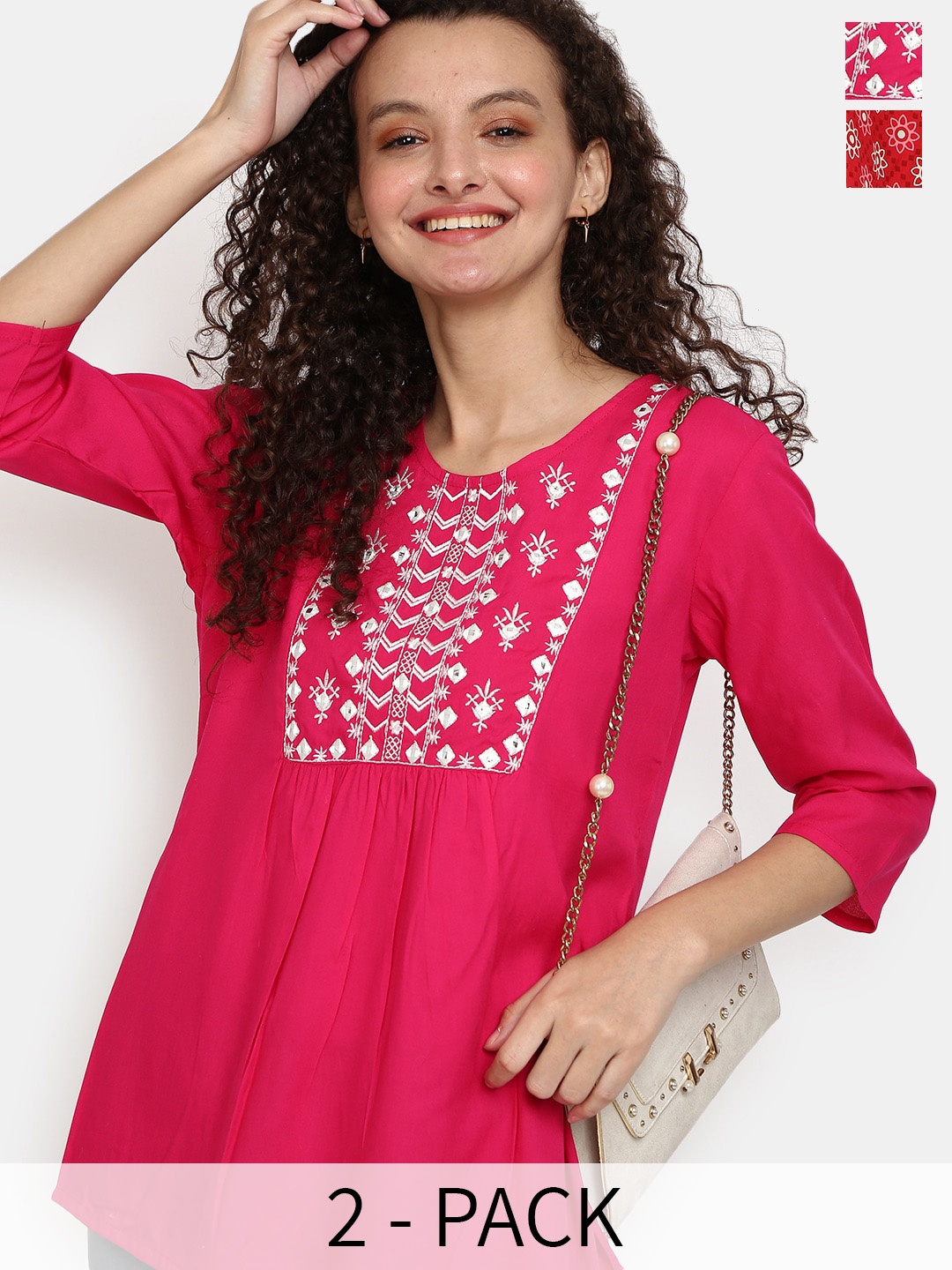 

V-Mart Pack Of 2 Ethnic Motifs Yoke Embroidered Straight Kurti, Coral