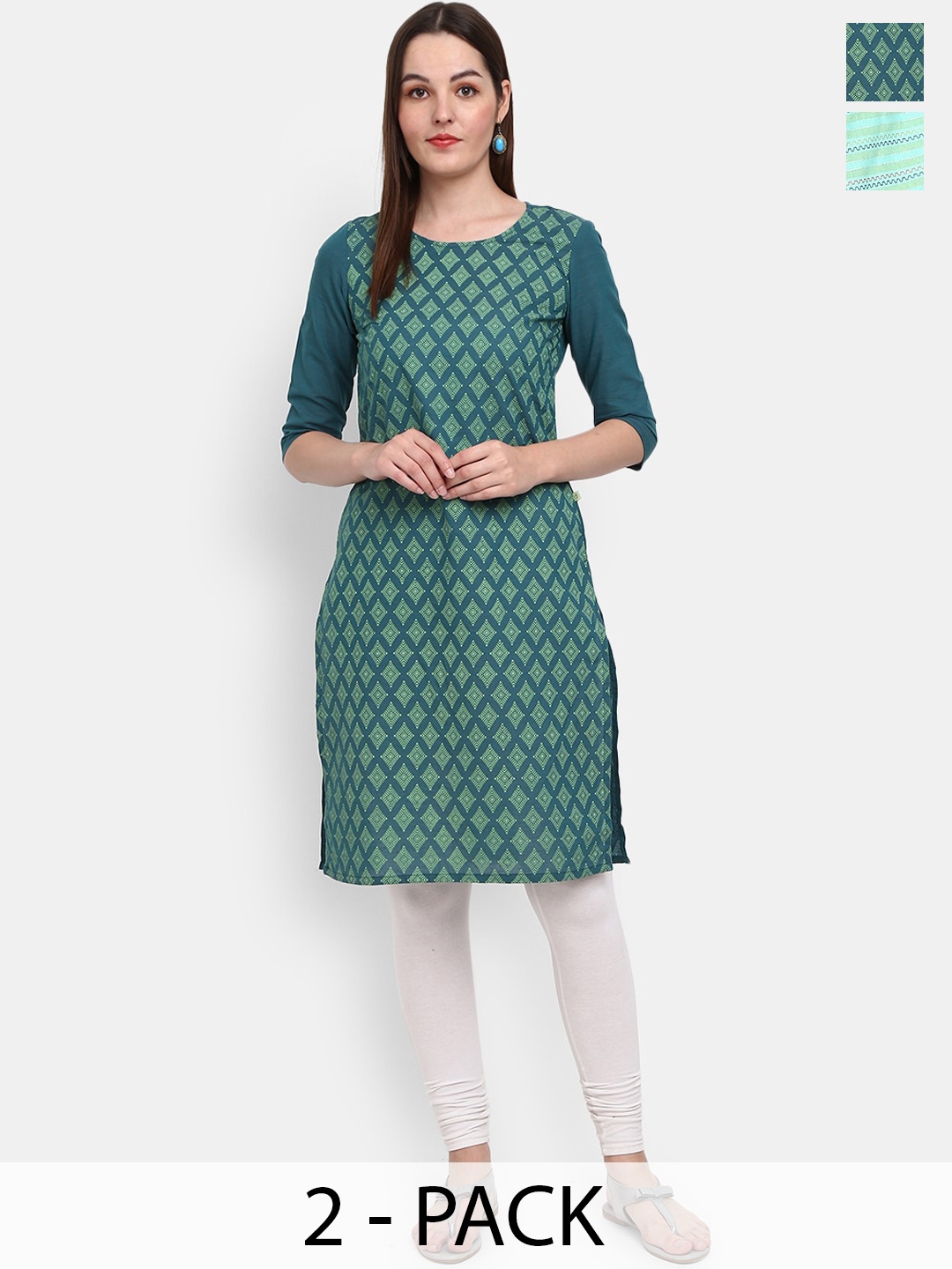 

V-Mart Pack Of 2 Ethnic Motifs Printed Cotton Kurta, Green