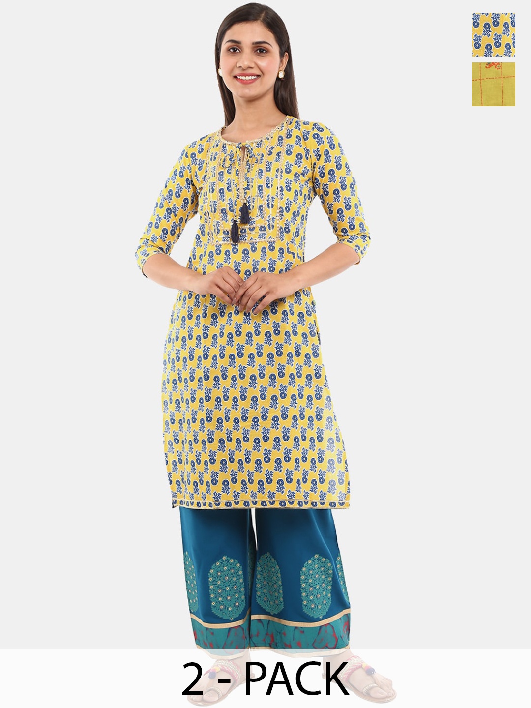 

V-Mart Pack Of 2 Floral Printed Cotton Straight Kurtas, Mustard