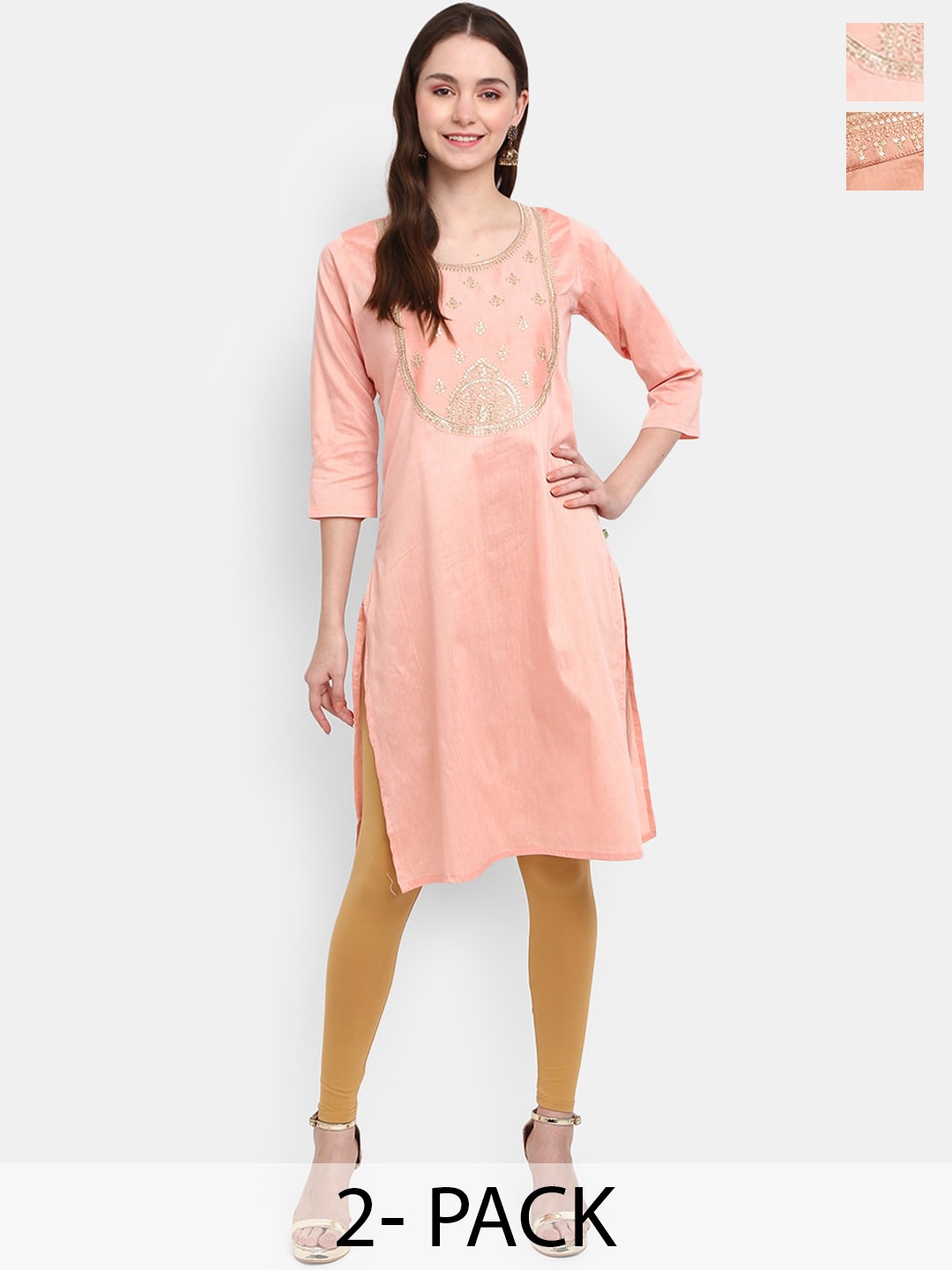 

V-Mart Pack Of 2 Ethnic Motifs Embellished Cotton Kurta, Pink