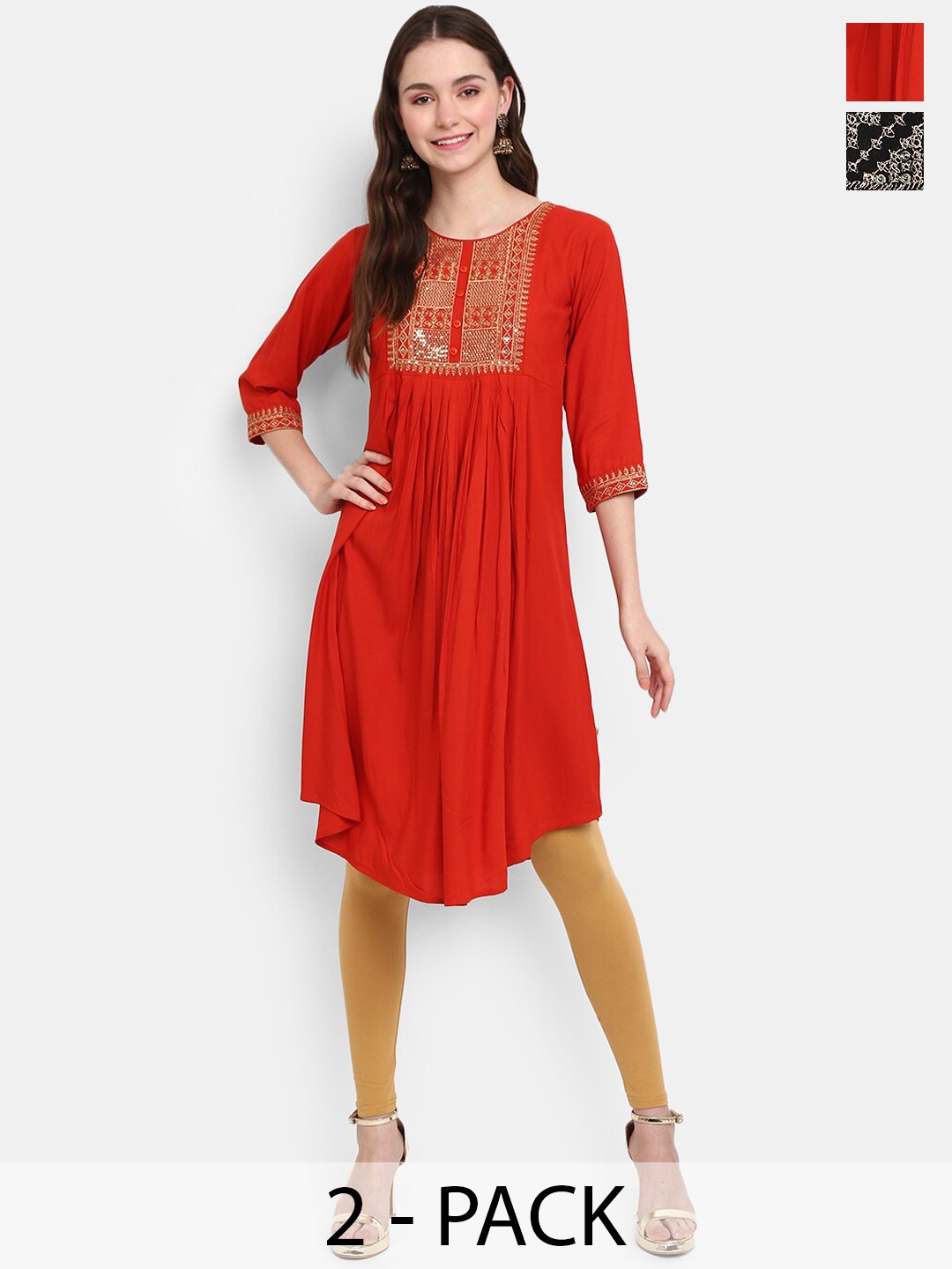 

V-Mart Pack of 2 Ethnic Motifs Yoke Design Sequinned Empire Kurtas, Red