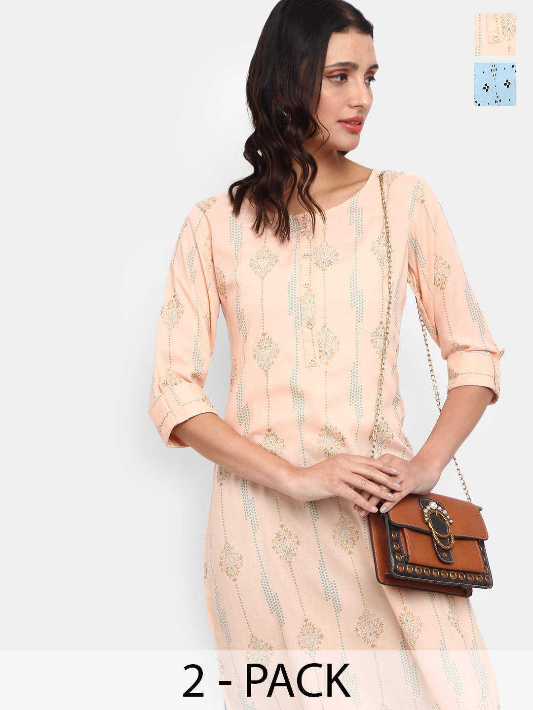 

V-Mart Selection Of 2 Ethnic Motifs Printed Kurta, Peach