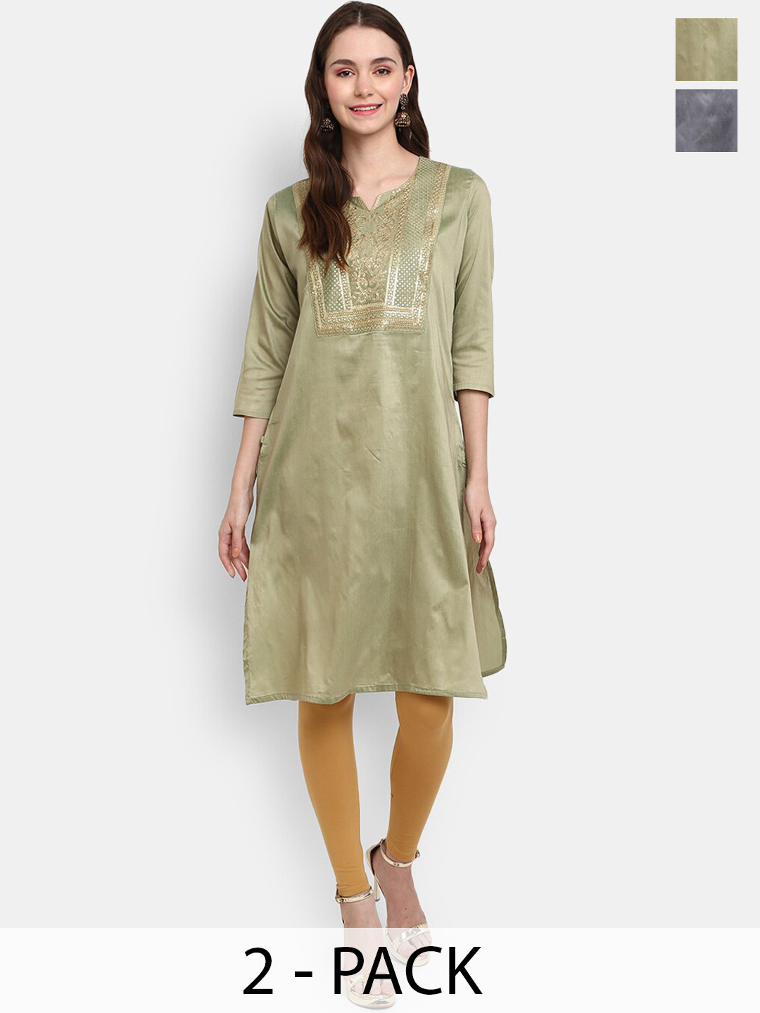 

V-Mart Selection Of 2 Ethnic Motifs Woven Design Cotton Kurta, Green