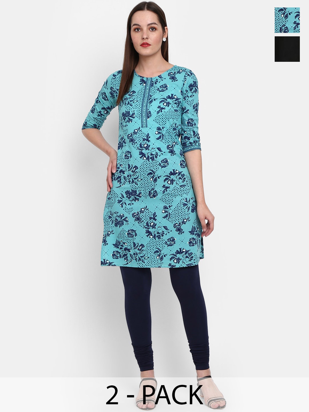 

V-Mart Pack Of 2 Floral Printed Straight Cotton Kurta, Black