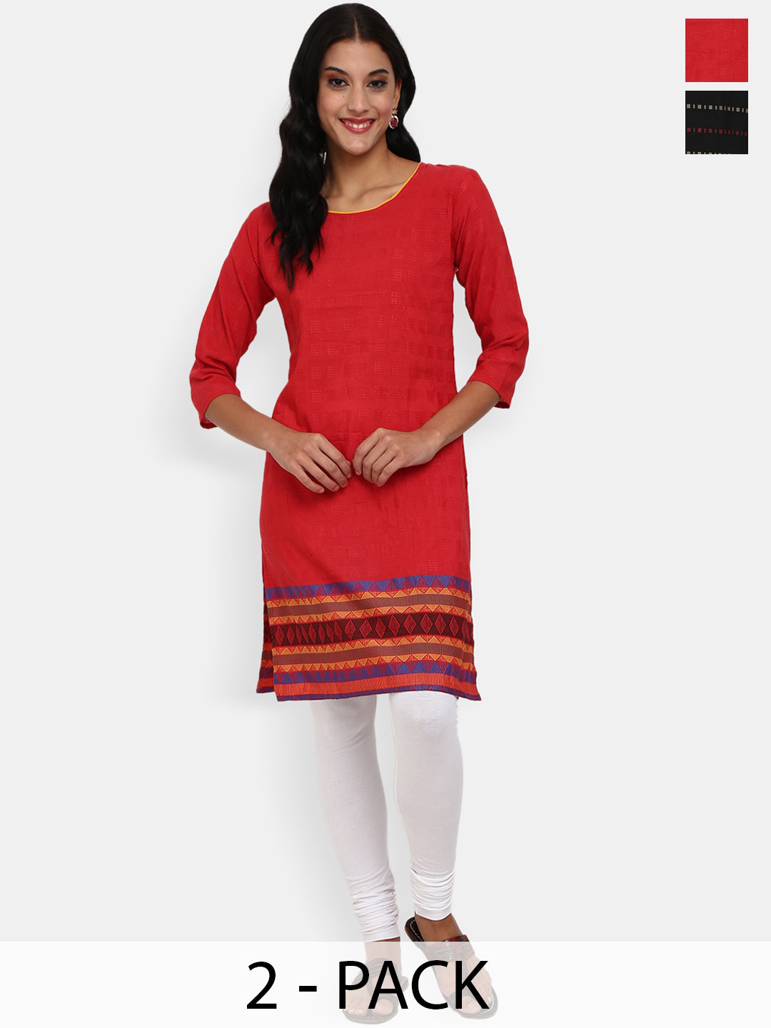 

V-Mart Pack Of 2 Ethnic Motifs Printed Cotton Kurta, Red