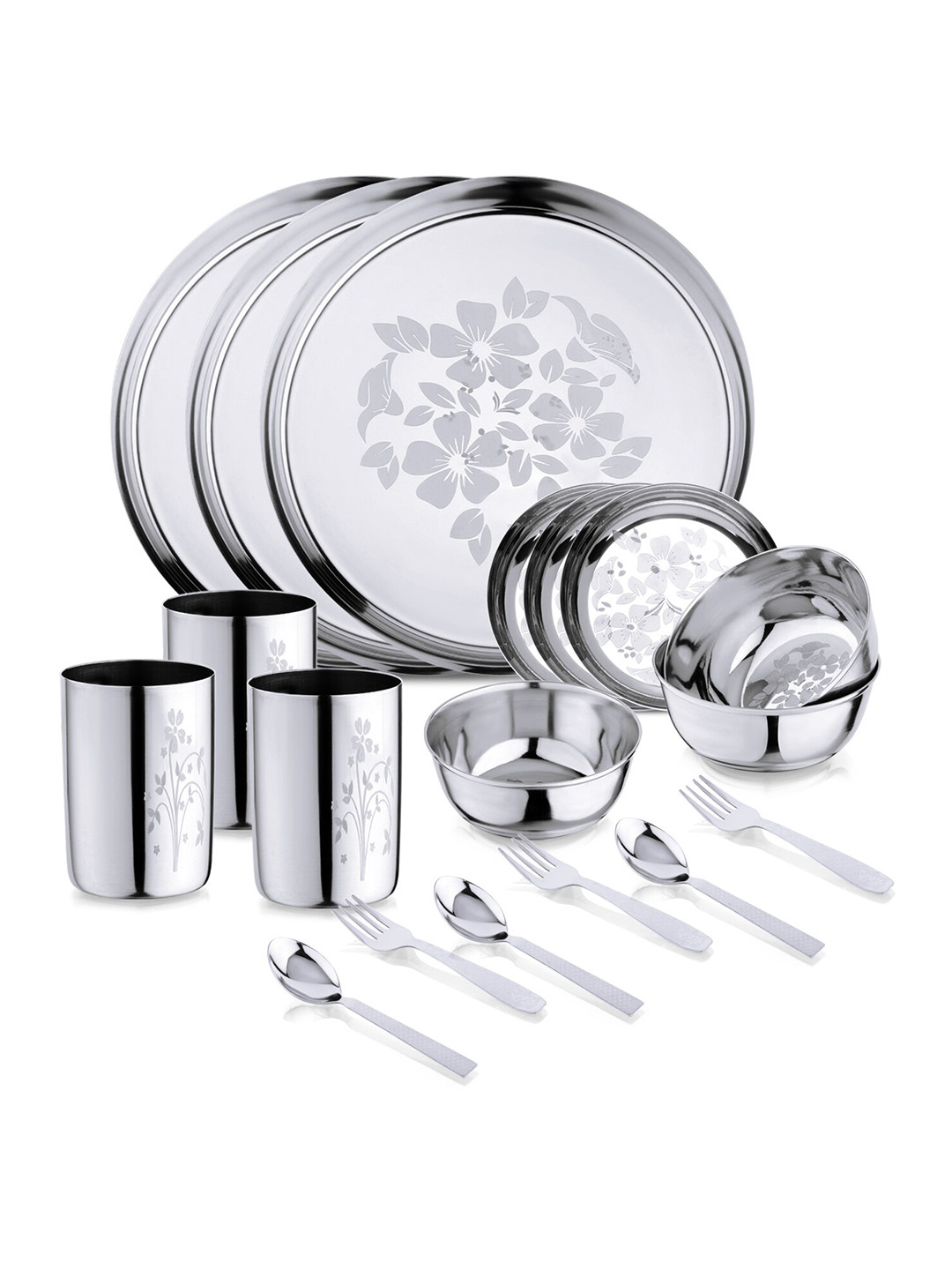 

LIMETRO STEEL Silver Toned 24 Pieces Printed Stainless Steel Glossy Dinner Set