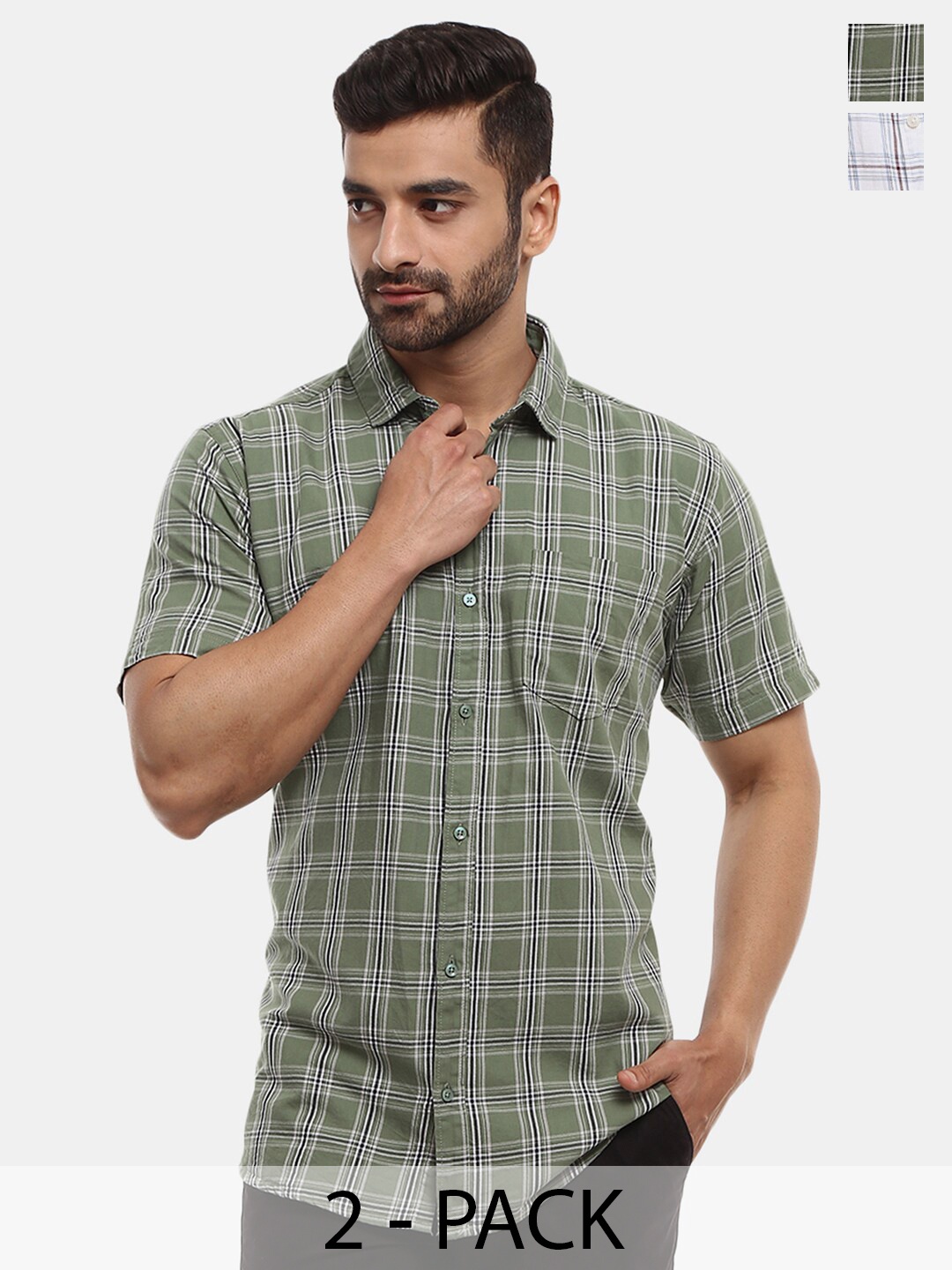 

V-Mart Pack Of 2 Tartan Checks Cotton Casual Shirt, Green