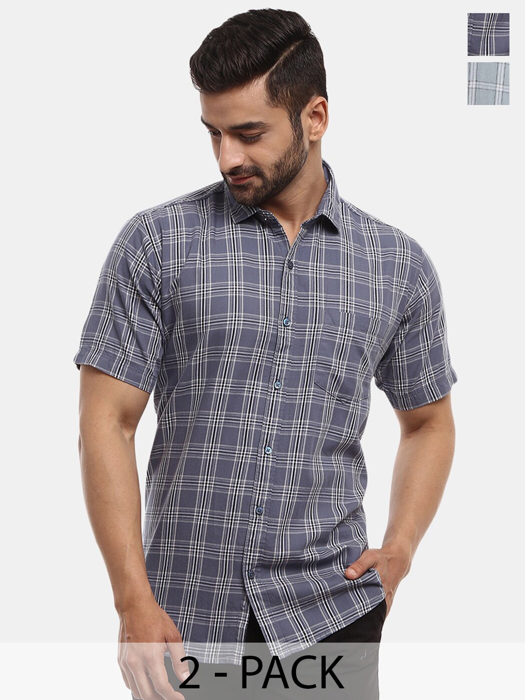 

V-Mart Pack of 2 Checked Cotton Casual Shirt, Grey
