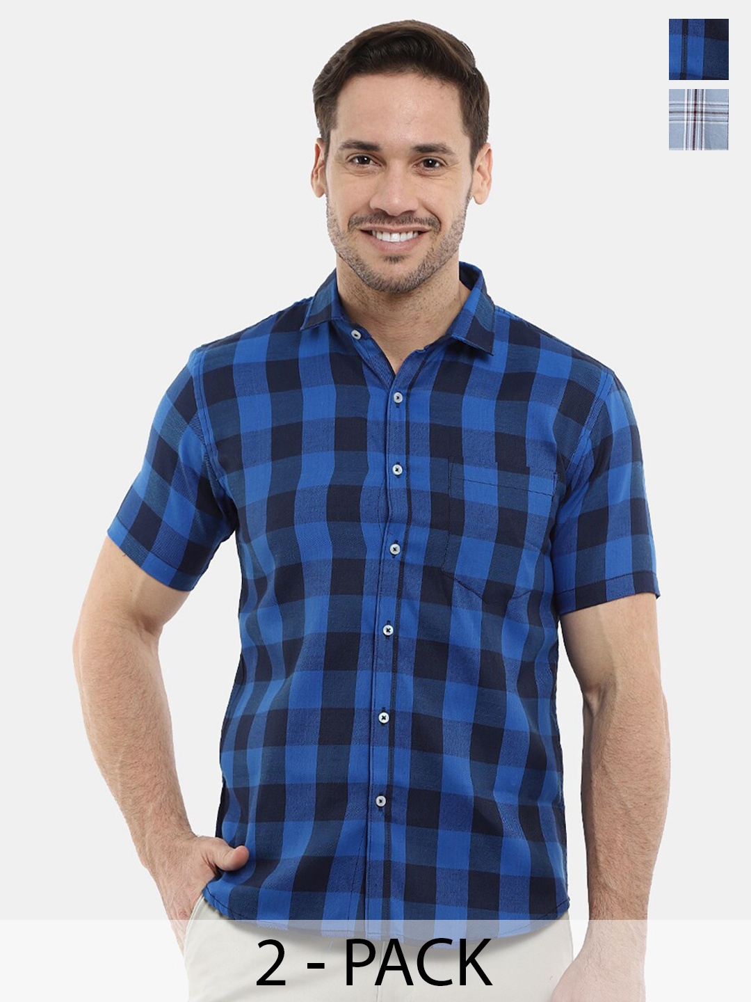 

V-Mart Pack Of 2 Buffalo Checks Slim Fit Cotton Casual Shirt, Navy blue