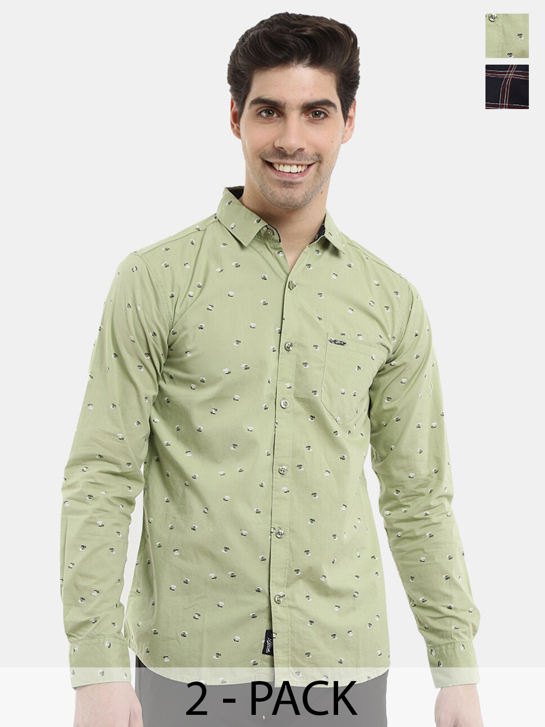 

V-Mart Pack of 2 Slim Fit Floral Printed Cotton Casual Shirt, Green