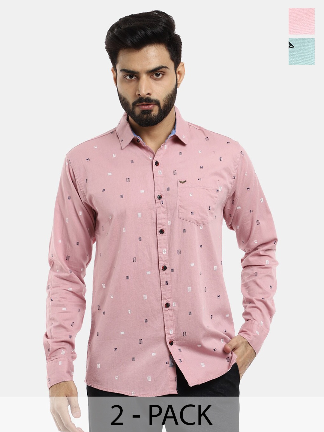 

V-Mart Pack of 2 Slim Fit Geometric Printed Cotton Casual Shirt, Pink