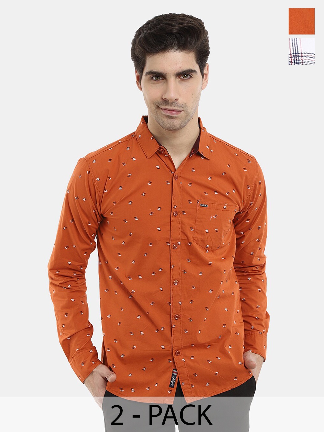 

V-Mart Pack Of 2 Slim Fit Conversational Printed Cotton Casual Shirt, Orange